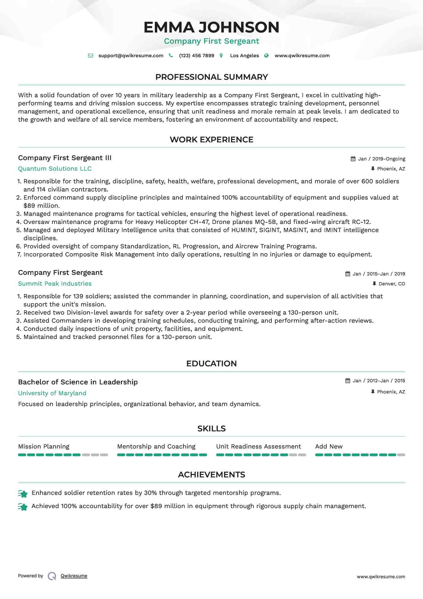 Company First Sergeant III Resume Model