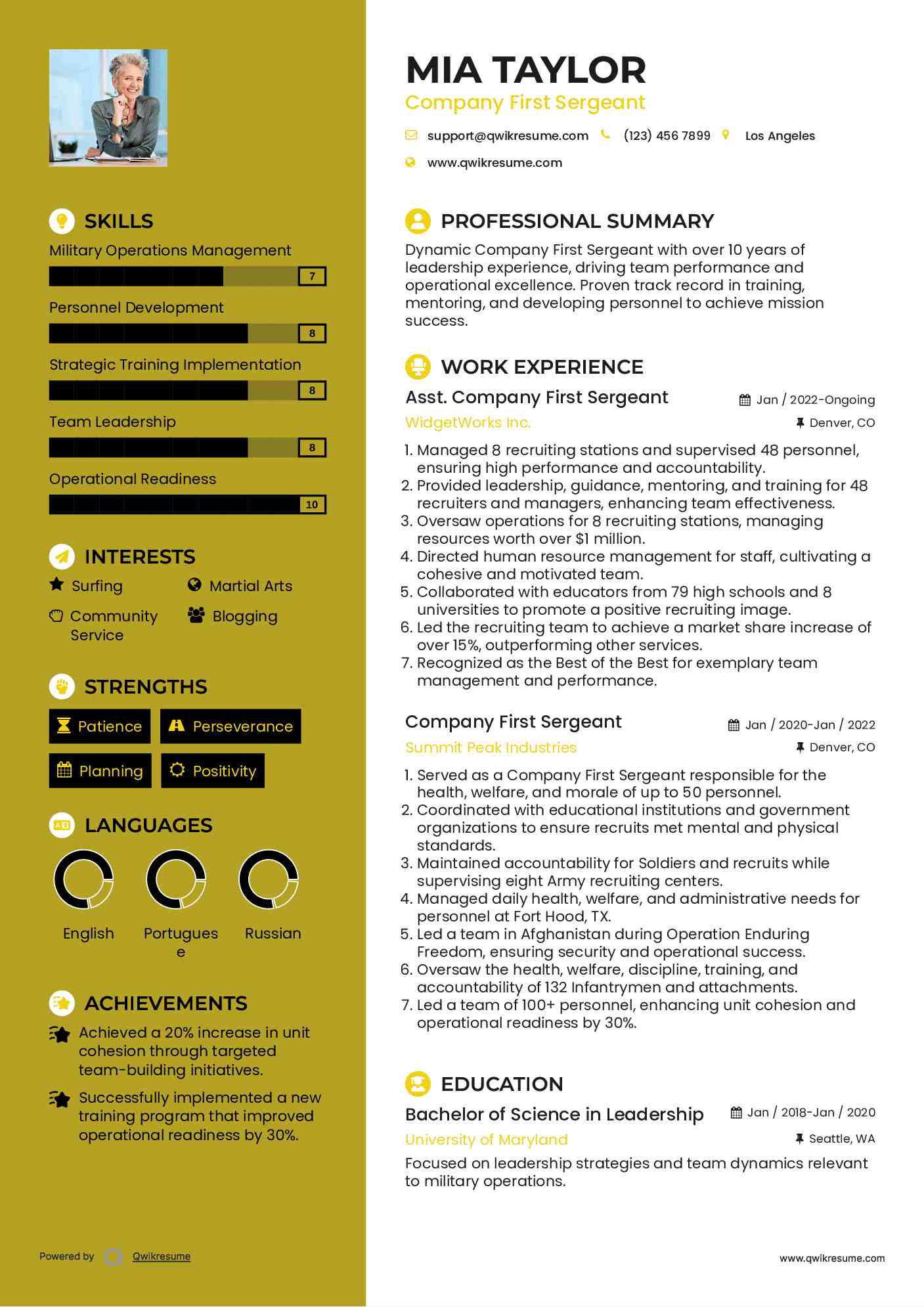 Asst. Company First Sergeant Resume Template