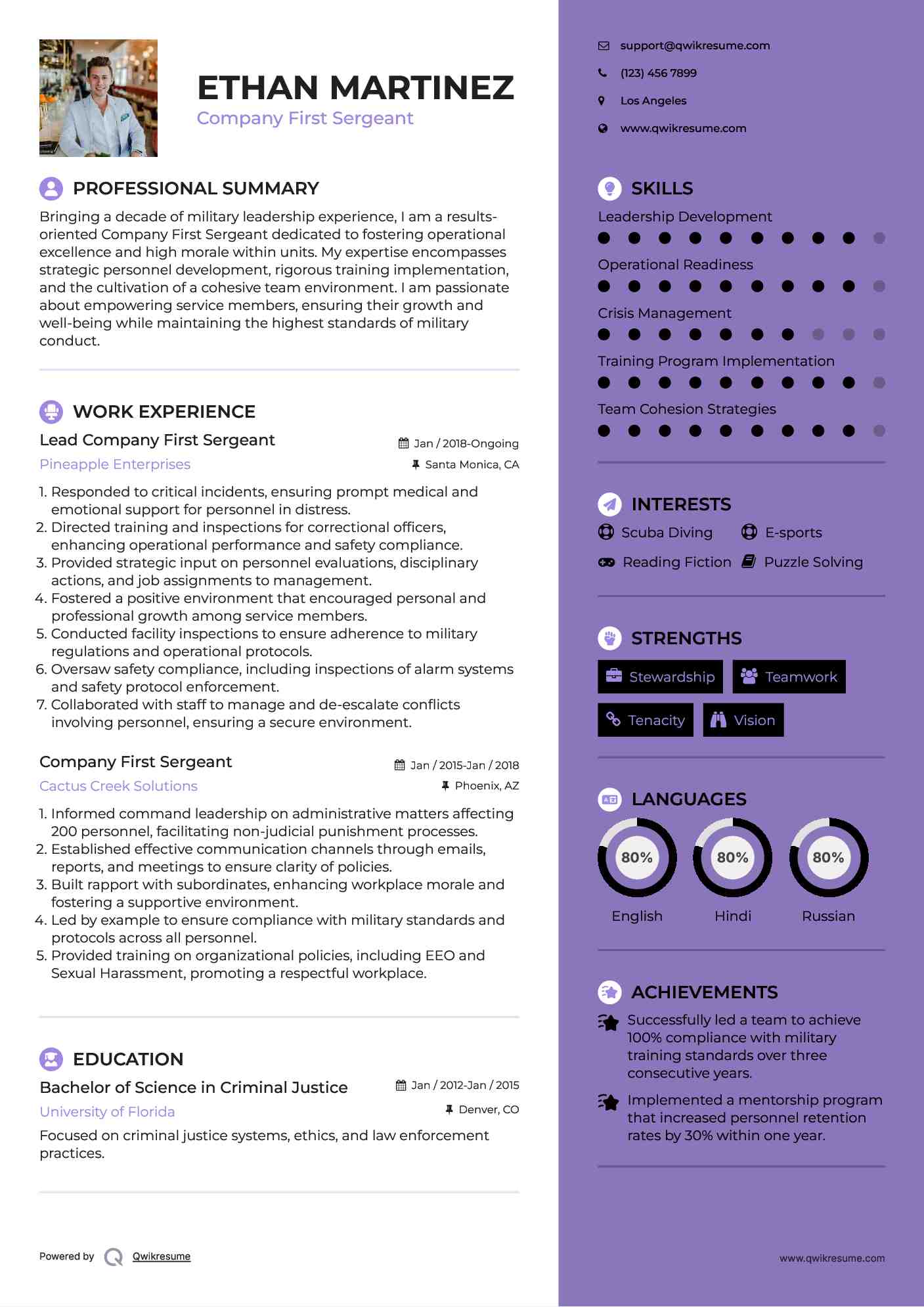 Lead Company First Sergeant Resume Sample