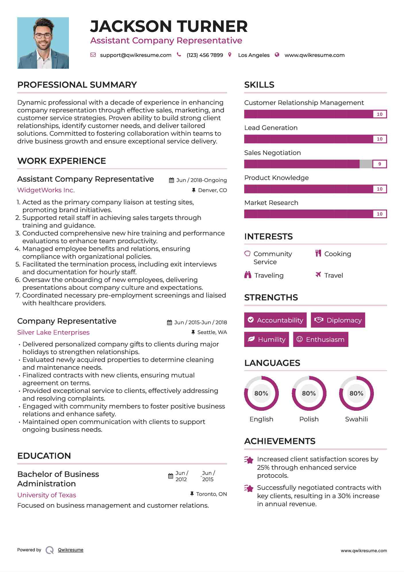 Assistant Company Representative Resume Model