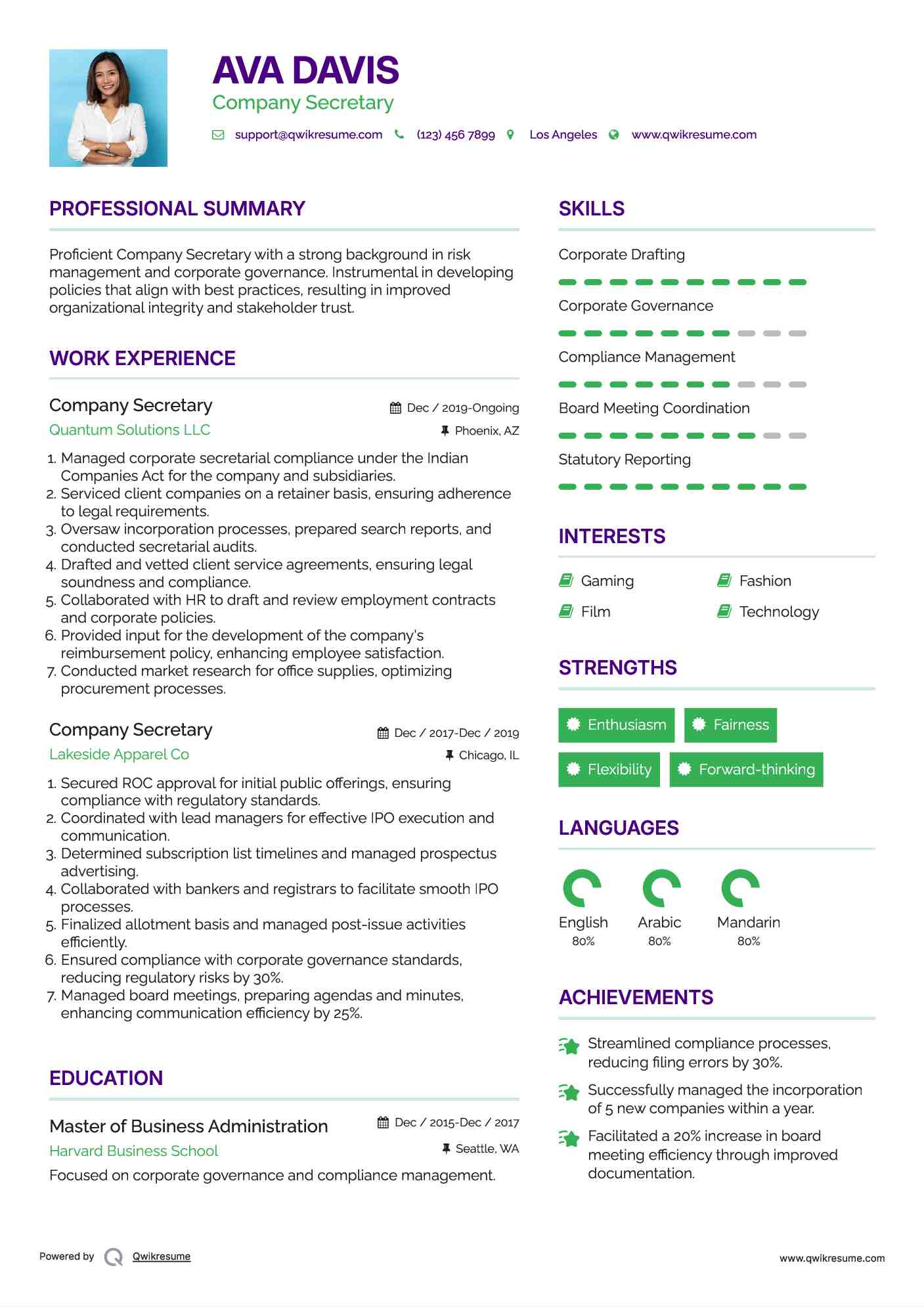 Company Secretary Resume Example