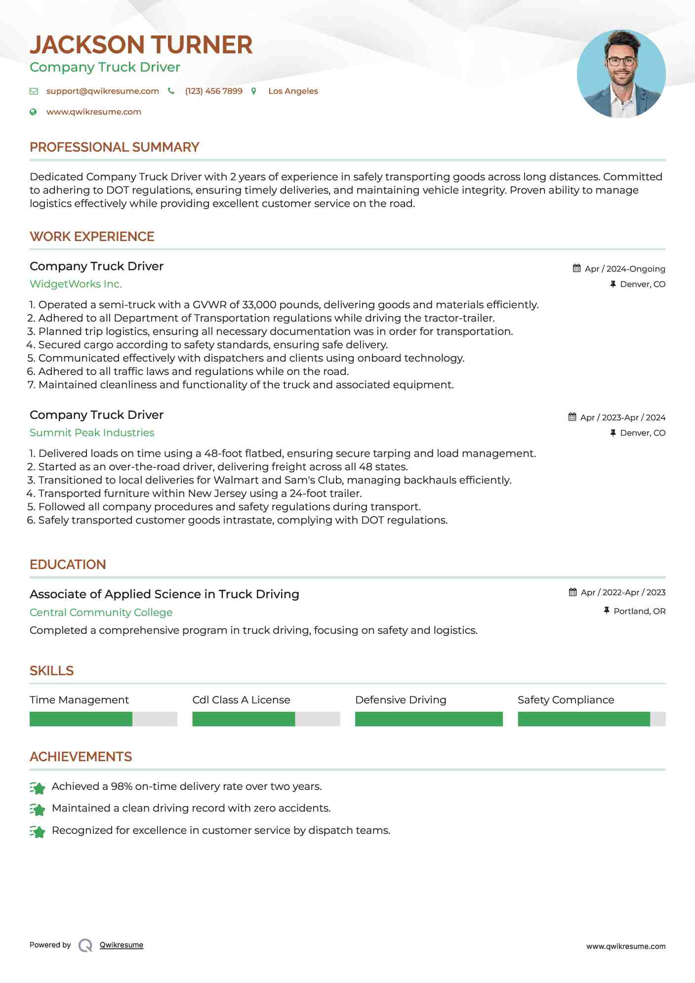 Company Truck Driver Resume Sample