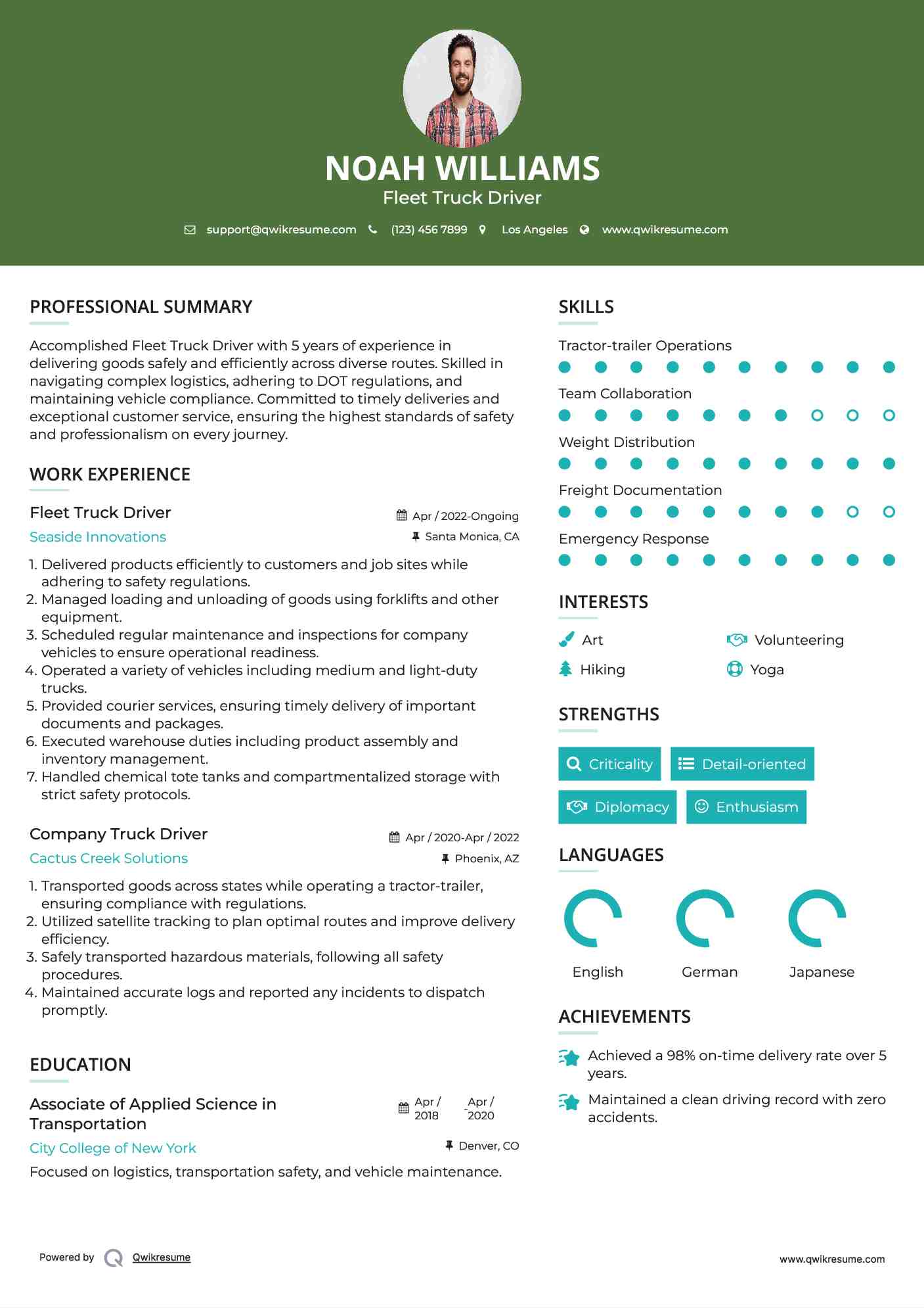 Fleet Truck Driver Resume Format