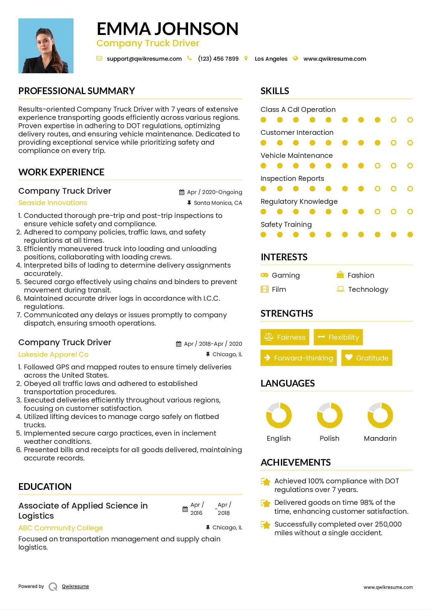 Company Truck Driver Resume Example