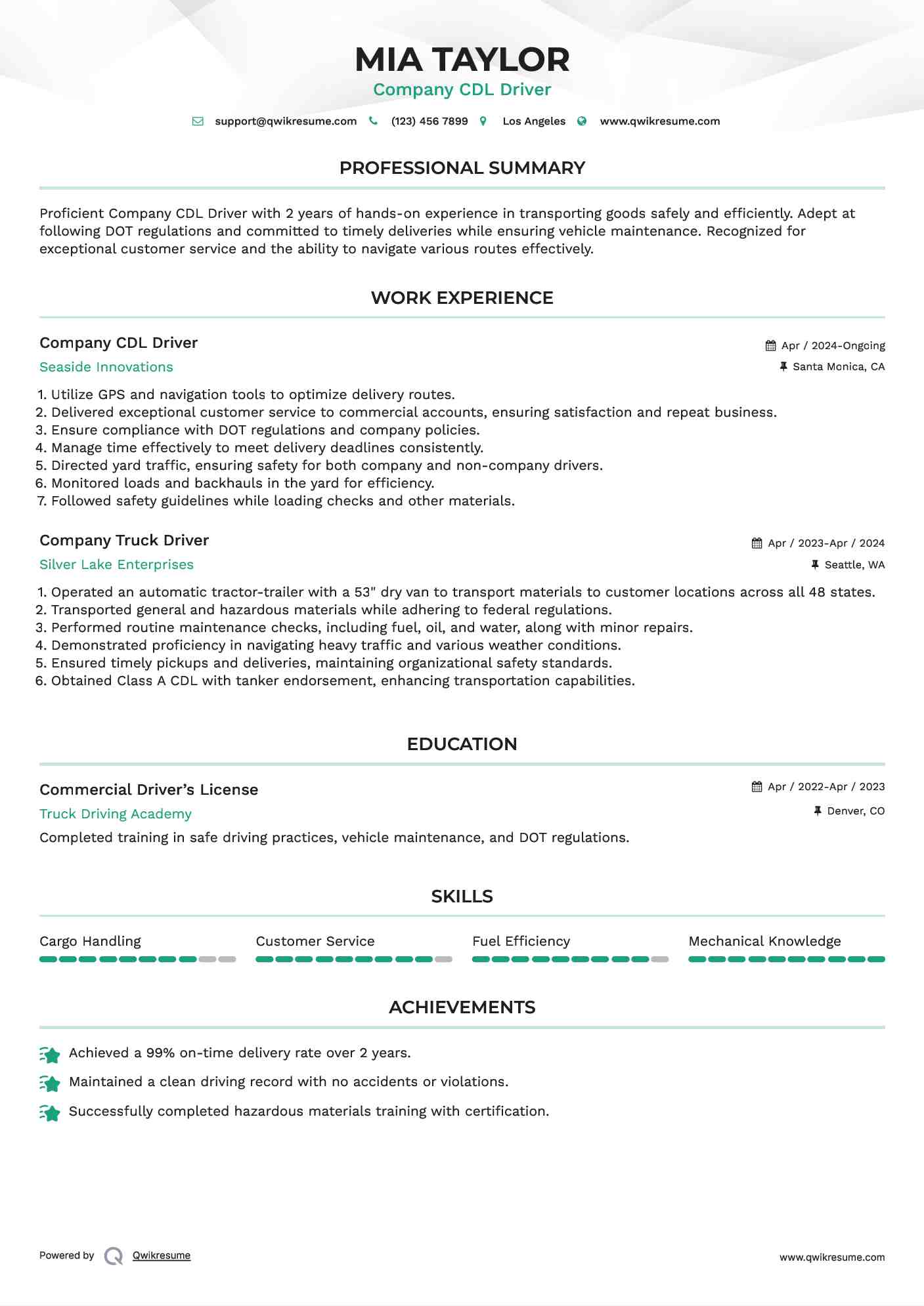 Company CDL Driver Resume Format