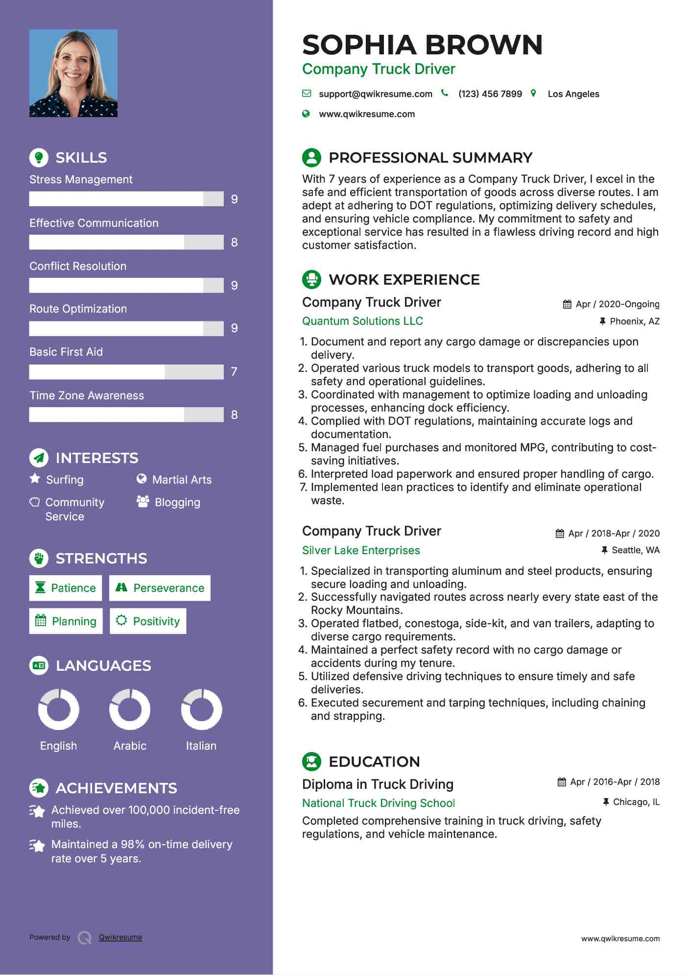 Company Truck Driver Resume Model