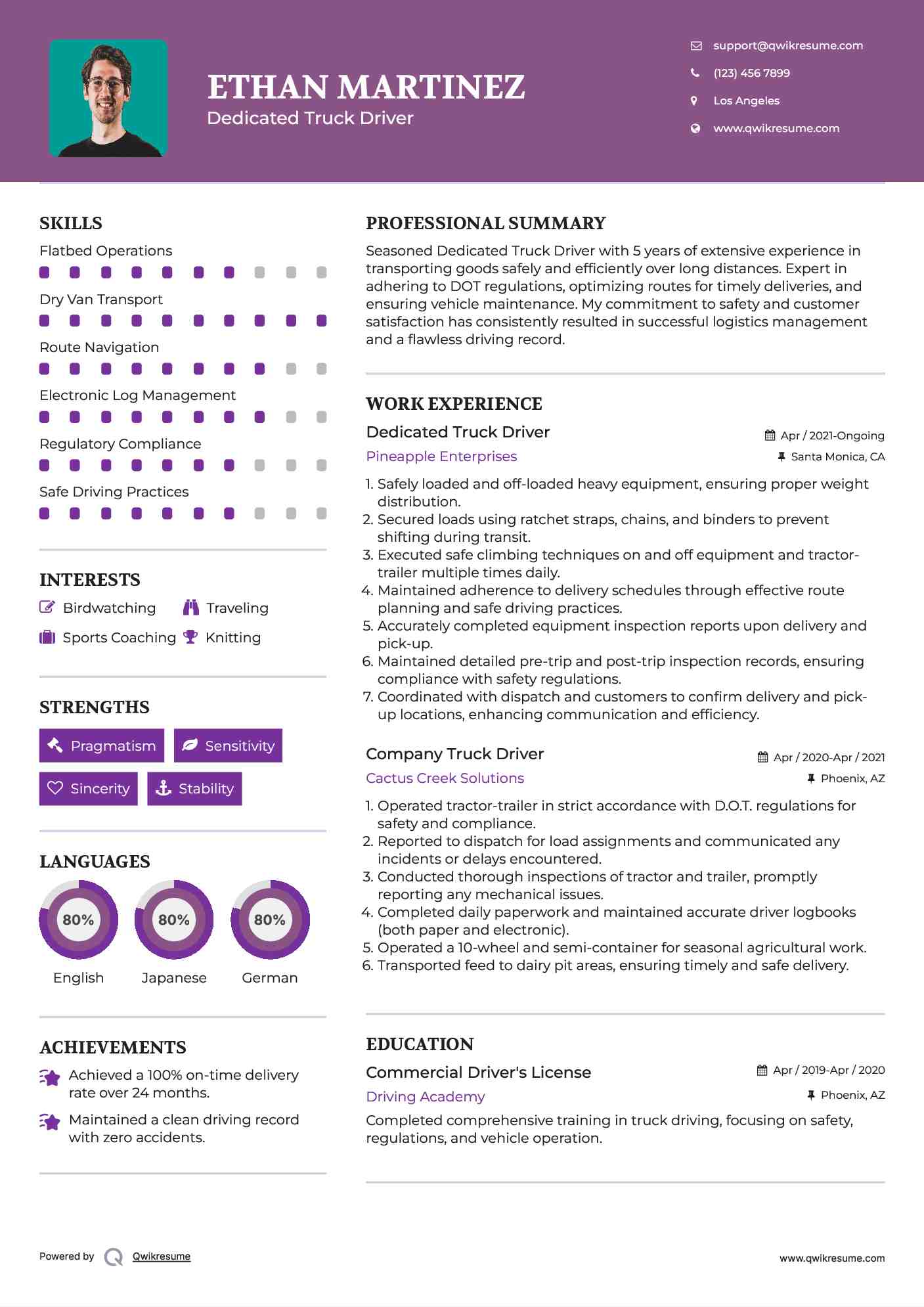 Dedicated Truck Driver Resume Format