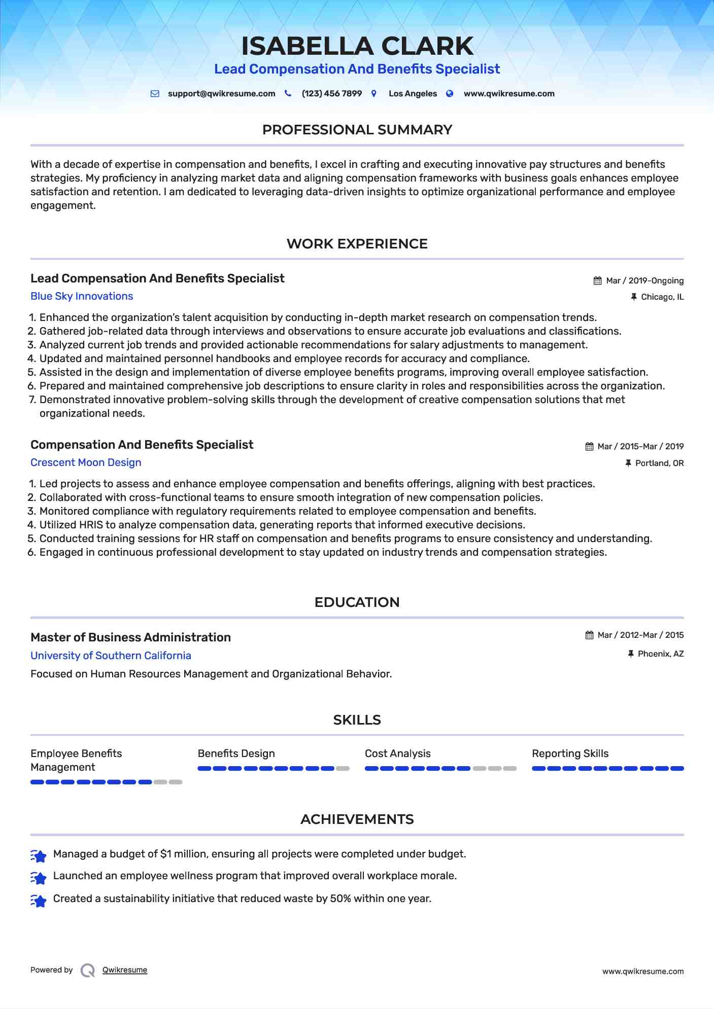 Lead Compensation And Benefits Specialist Resume Sample