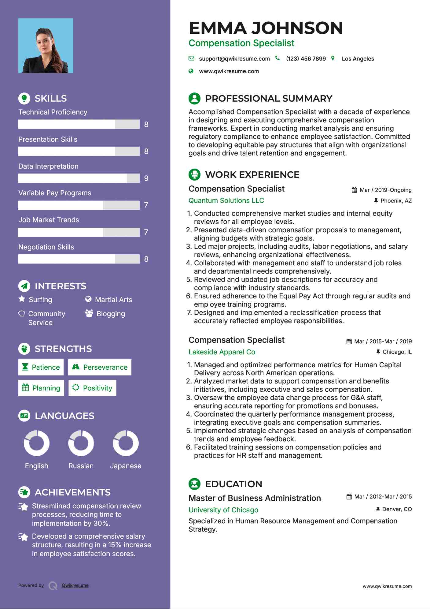 Compensation Specialist Resume Example