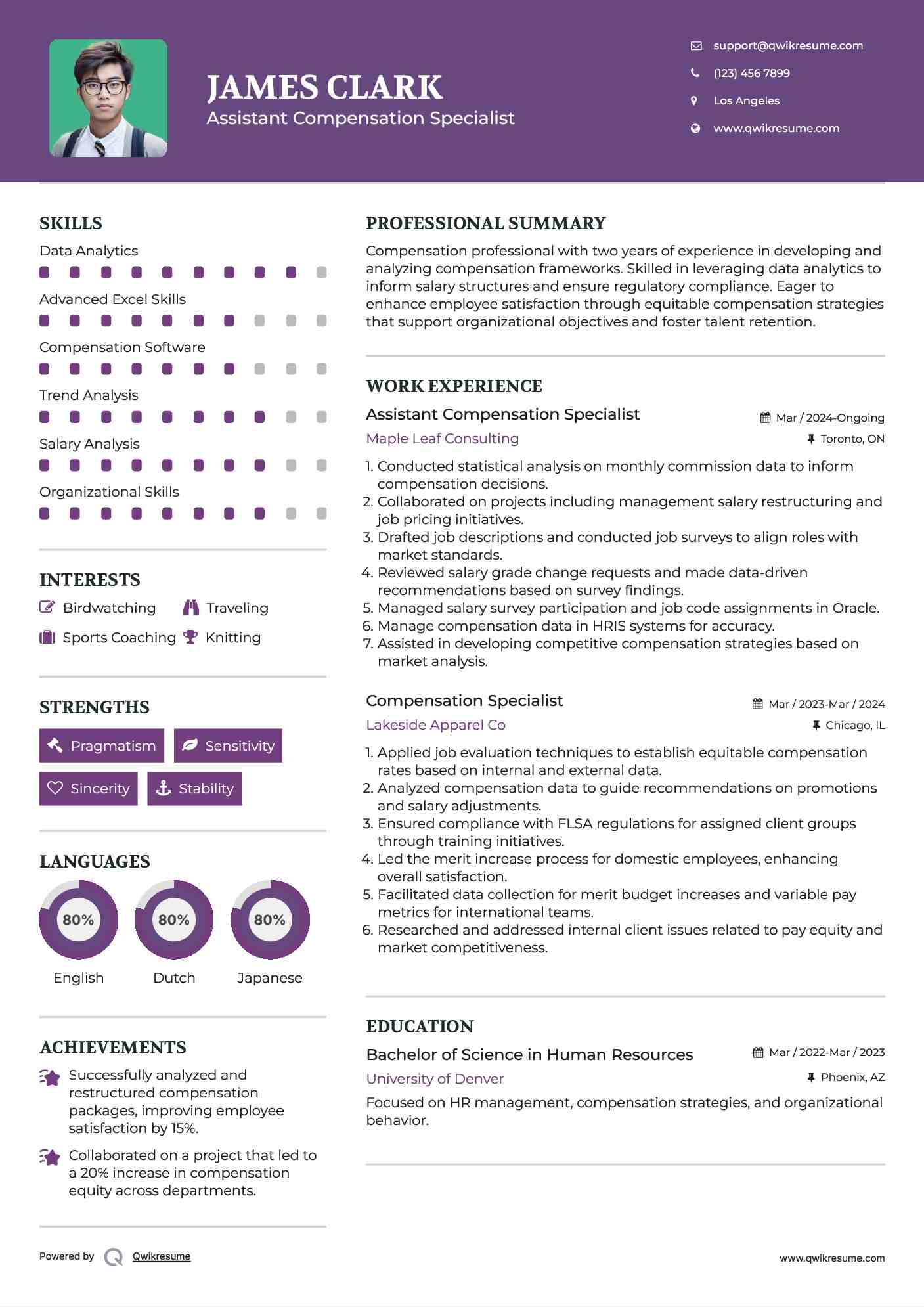 Assistant Compensation Specialist Resume Example