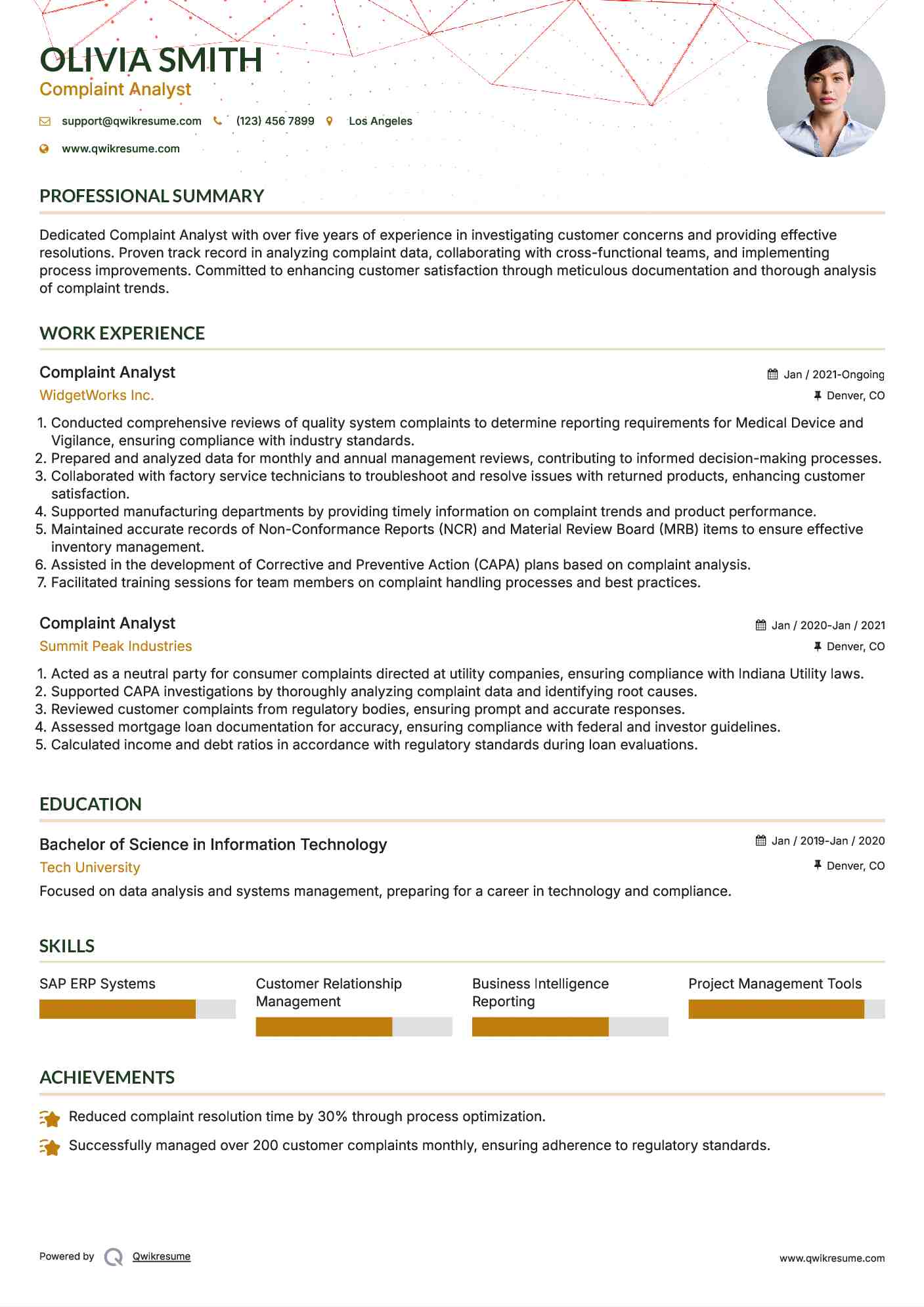 Complaint Analyst Resume Example