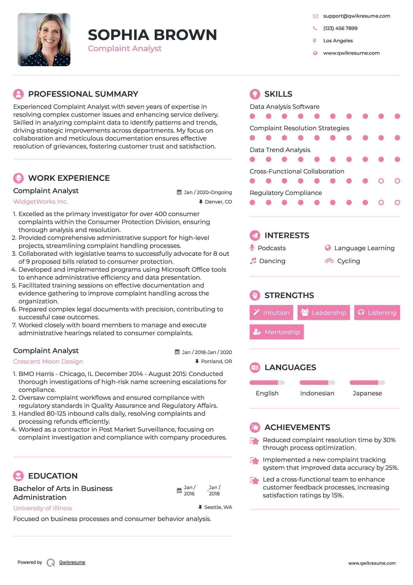 Complaint Analyst Resume Example