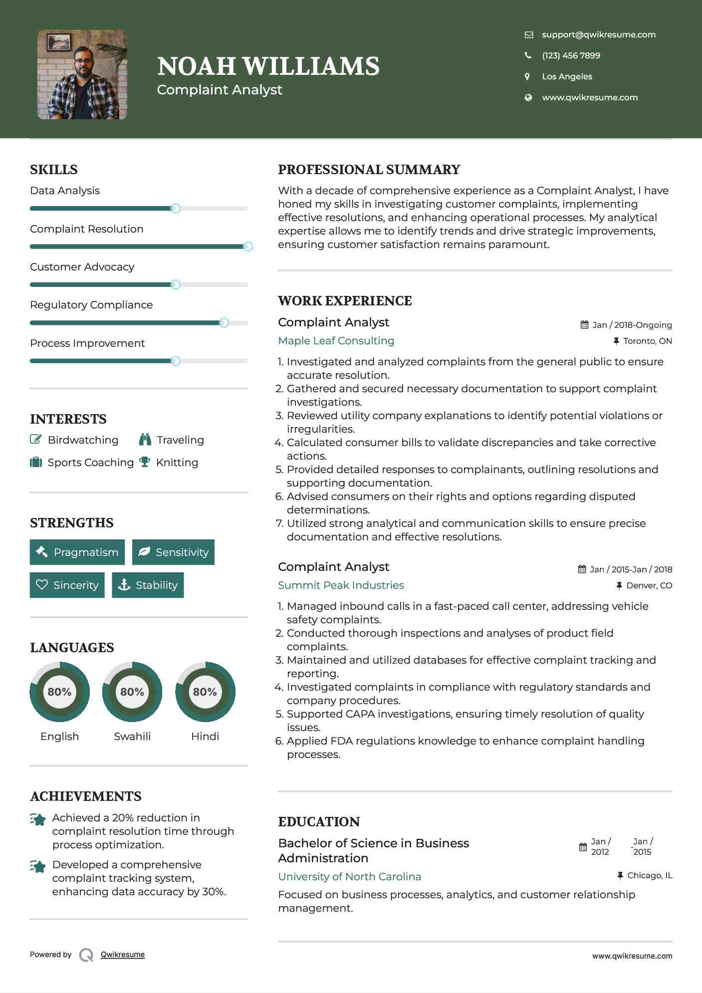 Complaint Analyst Resume Format