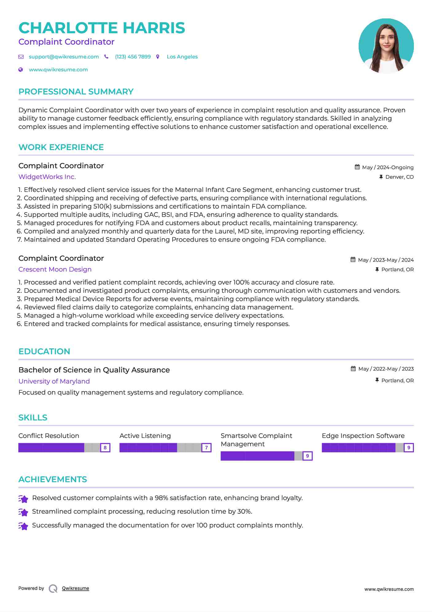 Complaint Coordinator Resume Example