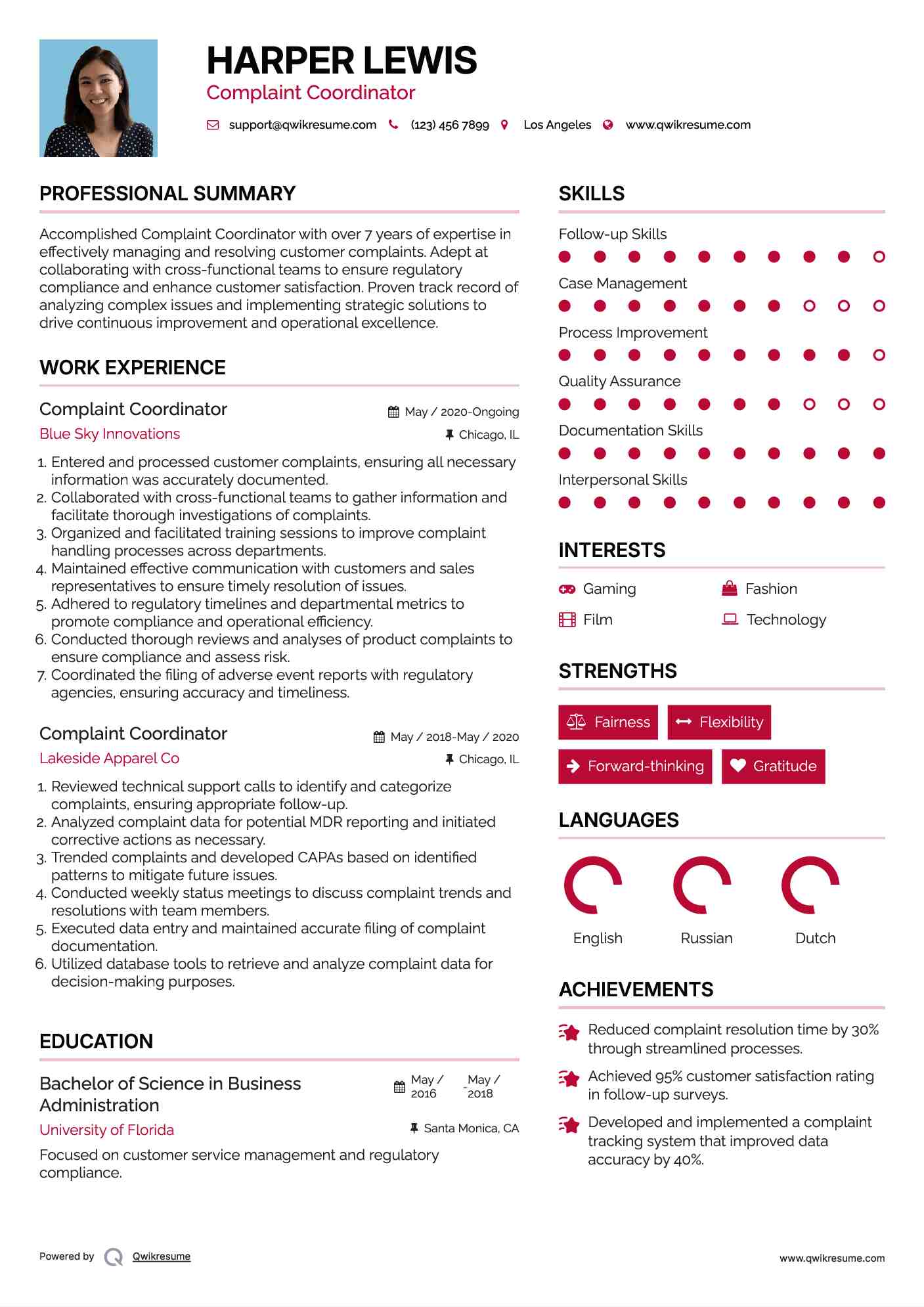 Complaint Coordinator Resume Sample