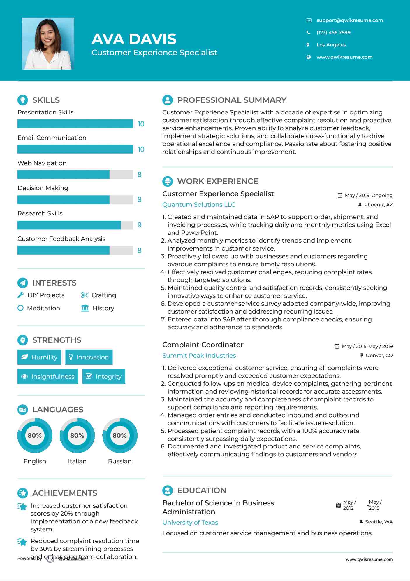 Customer Experience Specialist Resume Example