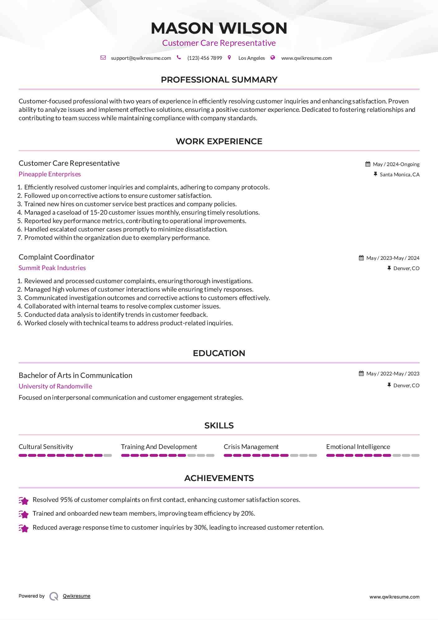 Customer Care Representative Resume Model