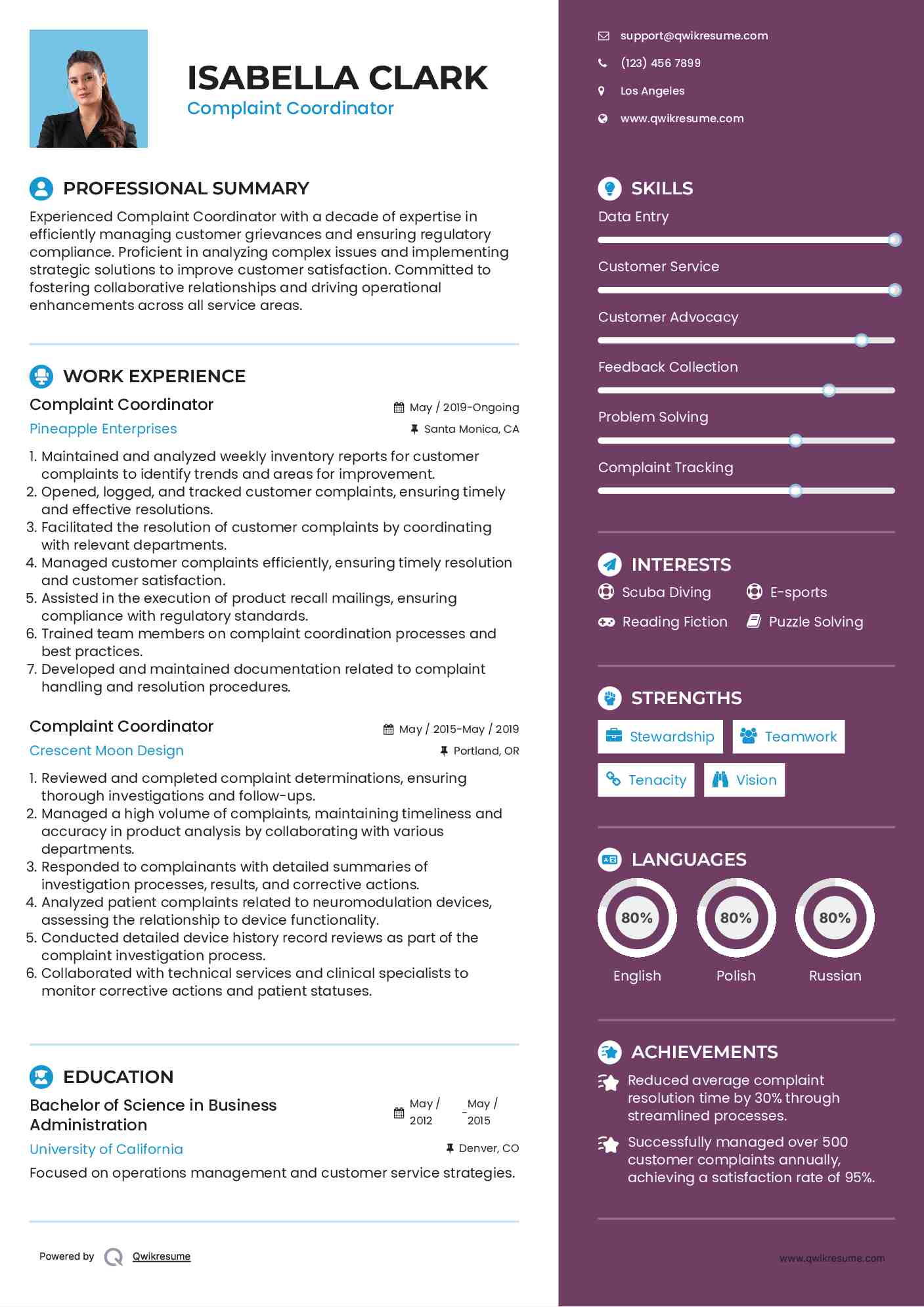 Complaint Coordinator Resume Model