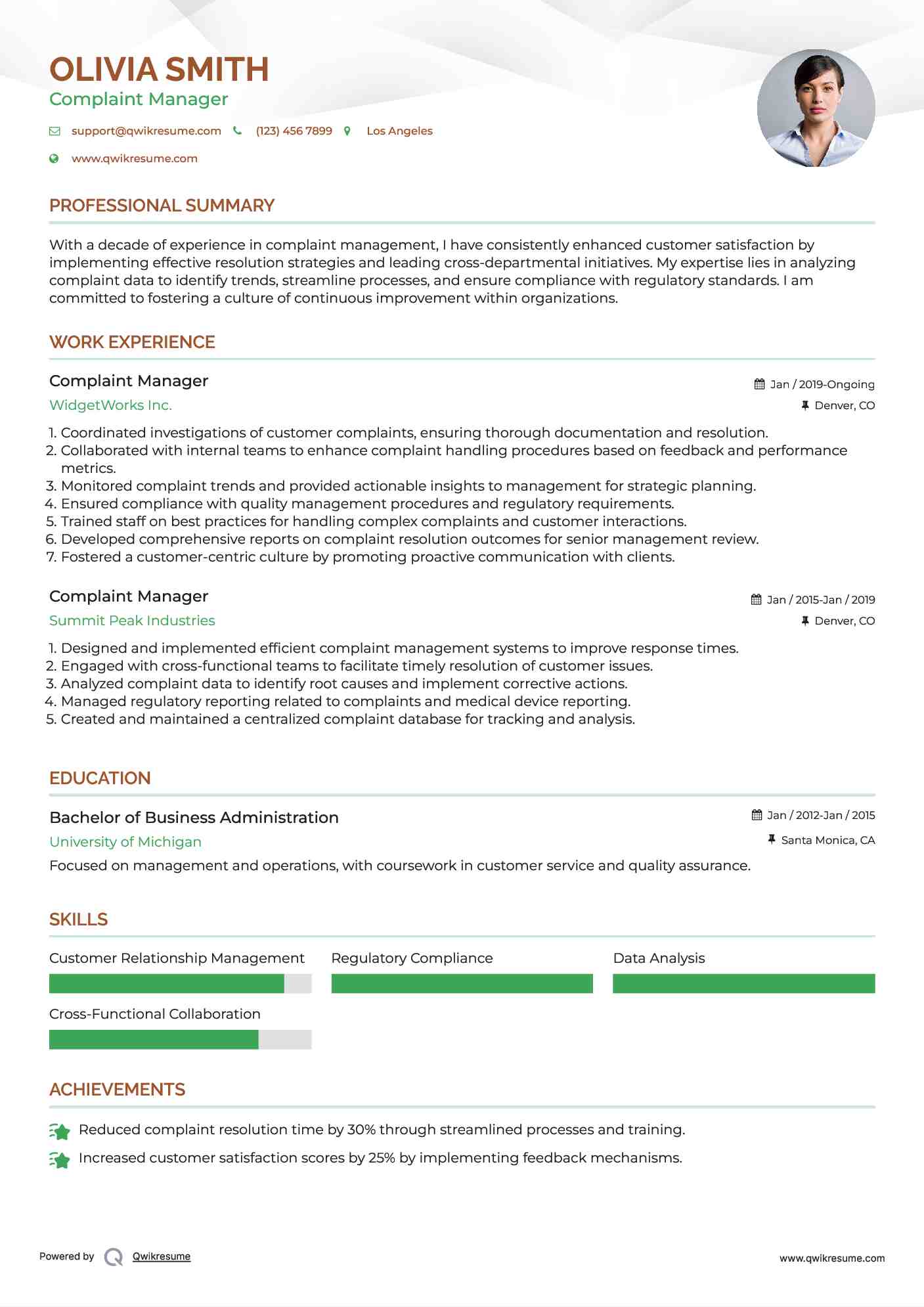 Complaint Manager Resume Format