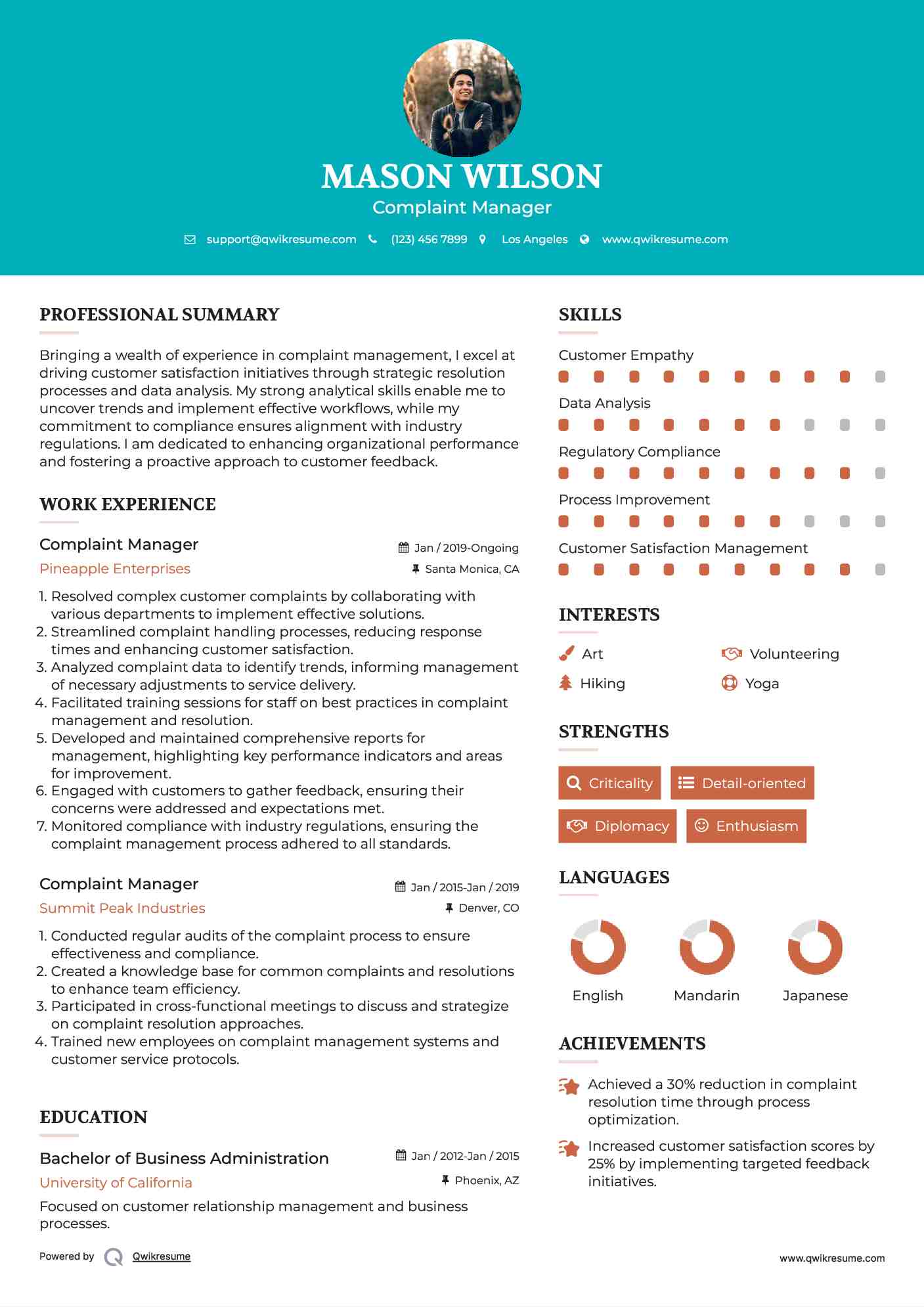 Complaint Manager Resume Template
