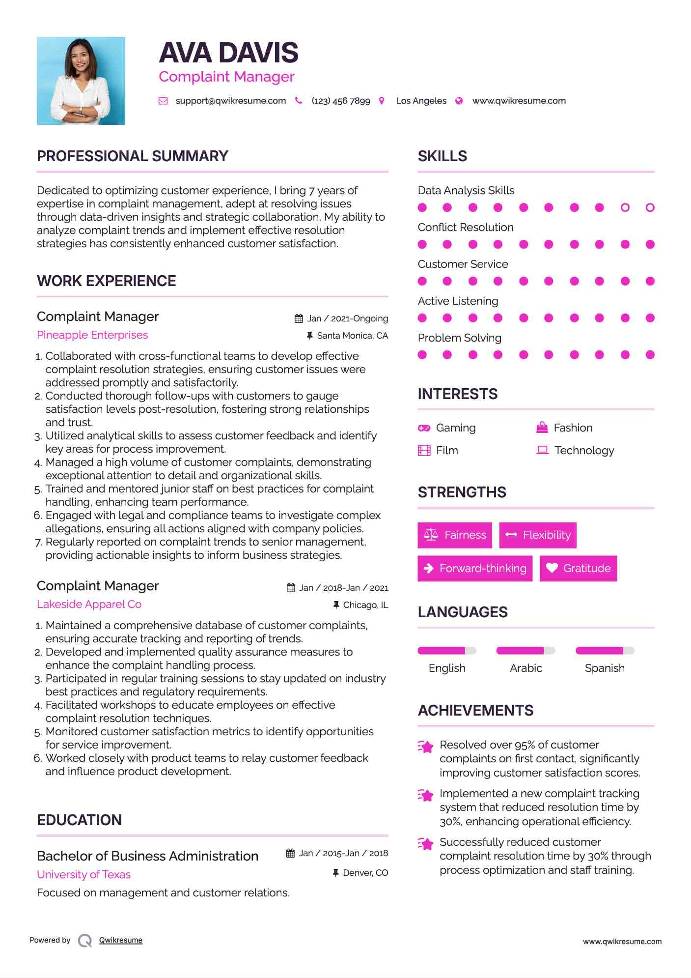 Complaint Manager Resume Sample