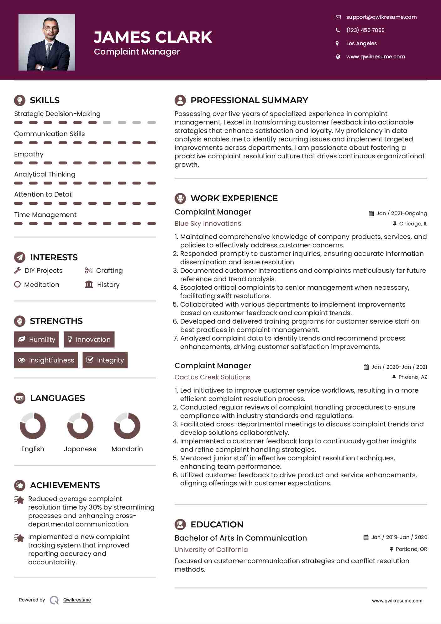 Complaint Manager Resume Template