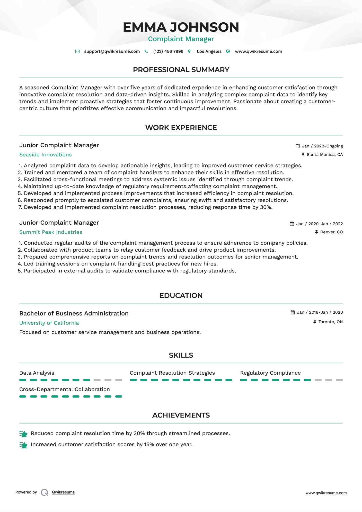 Junior Complaint Manager Resume Example