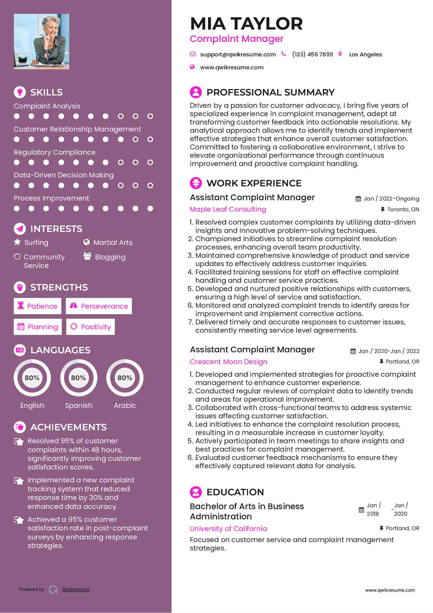 Assistant Complaint Manager Resume Sample