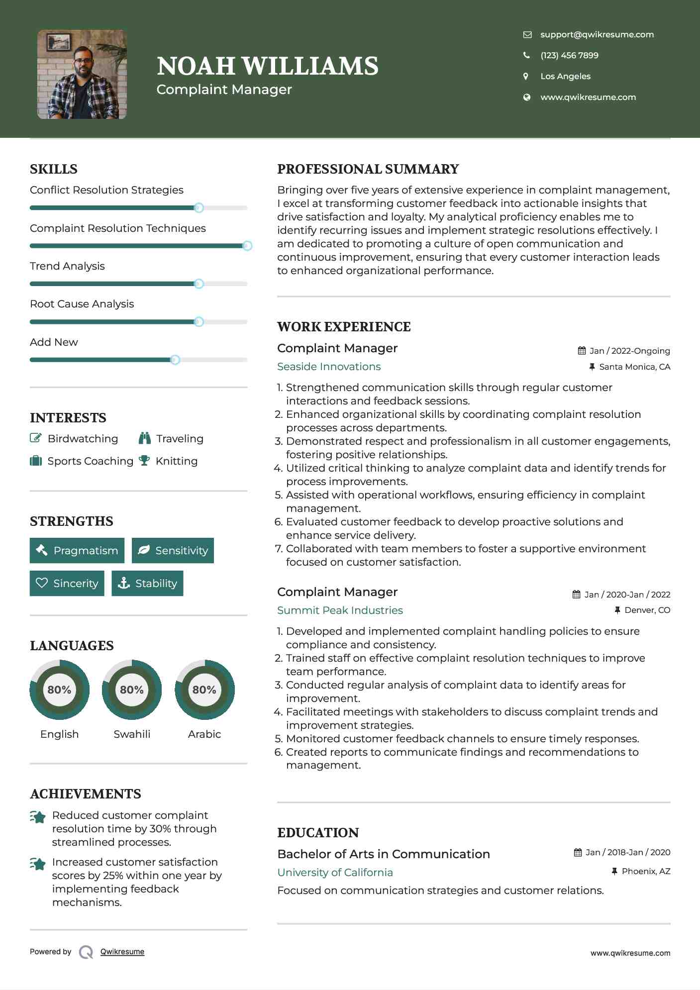 Complaint Manager Resume Sample