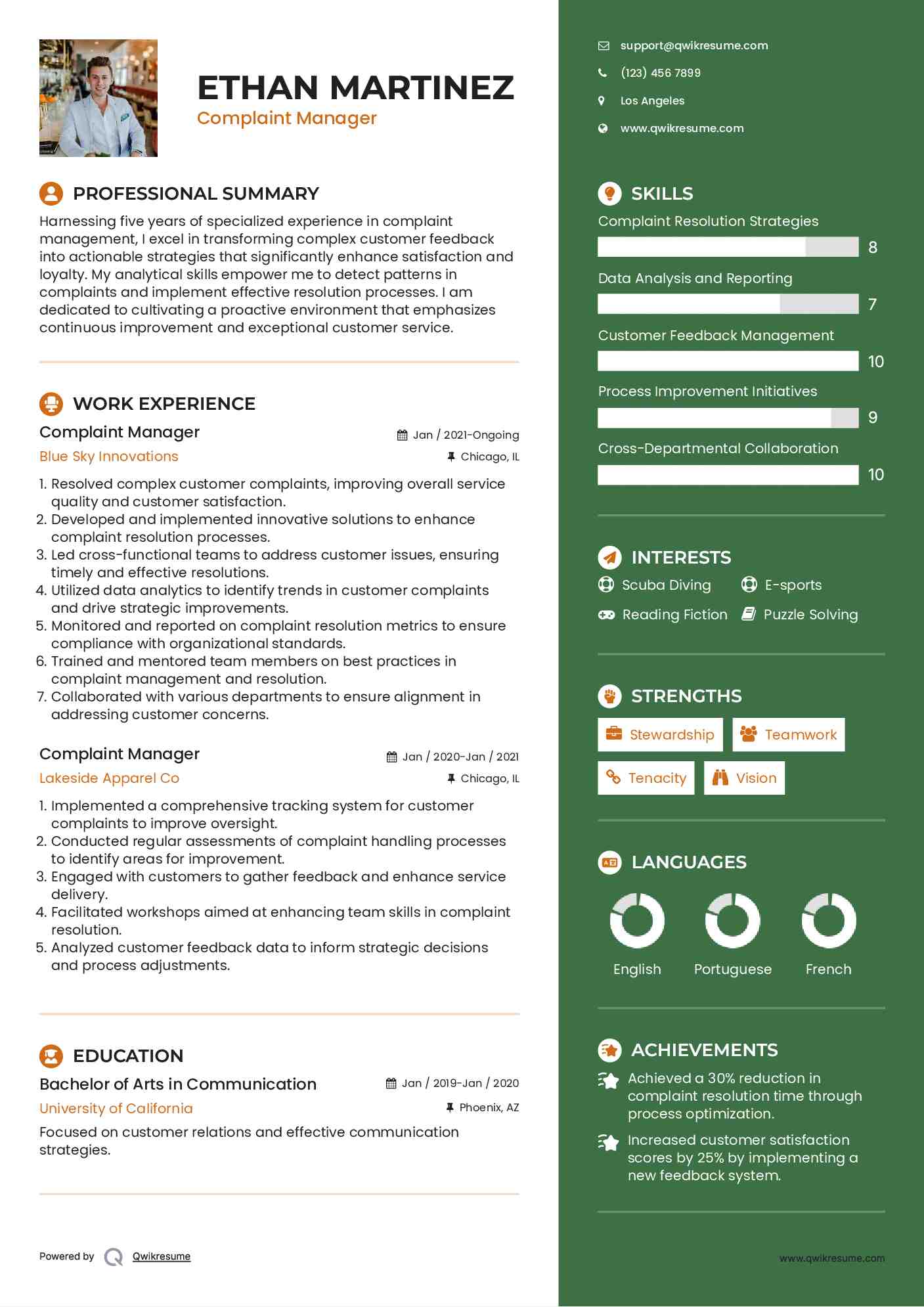 Complaint Manager Resume Template