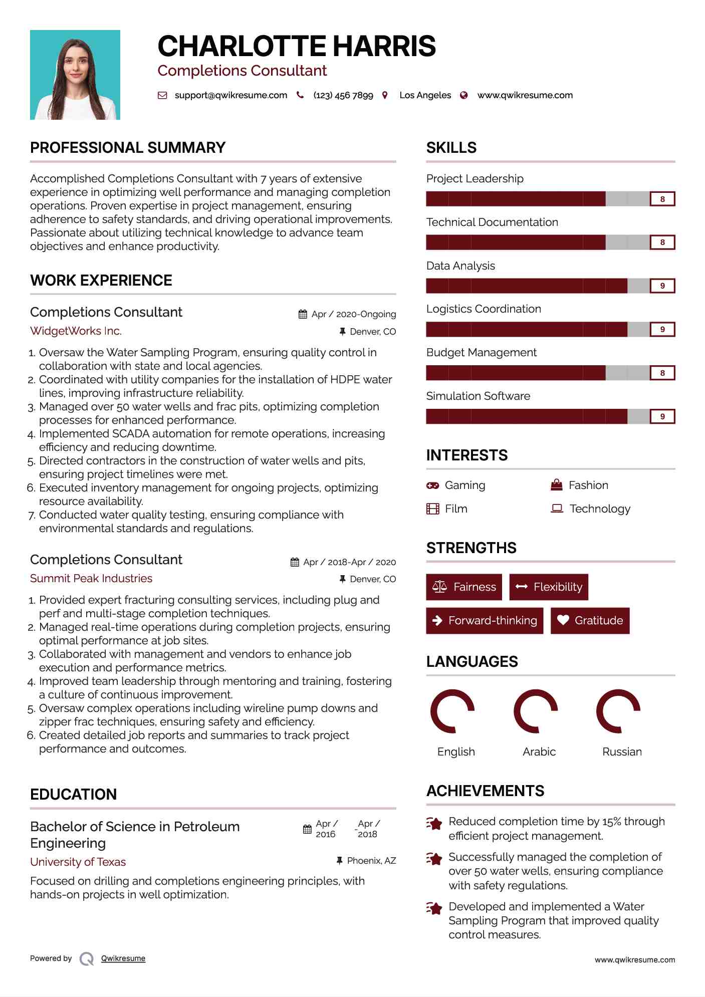 Completions Consultant Resume Sample