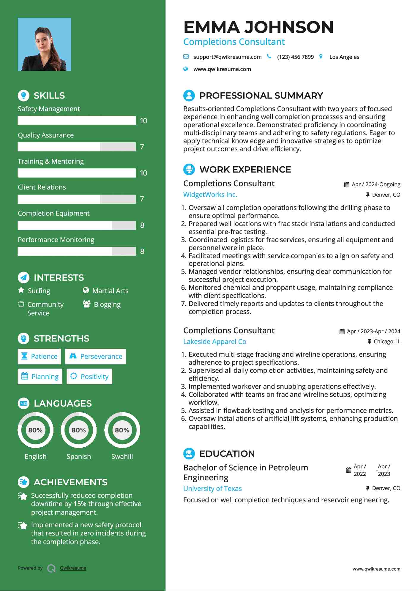 Completions Consultant Resume Sample