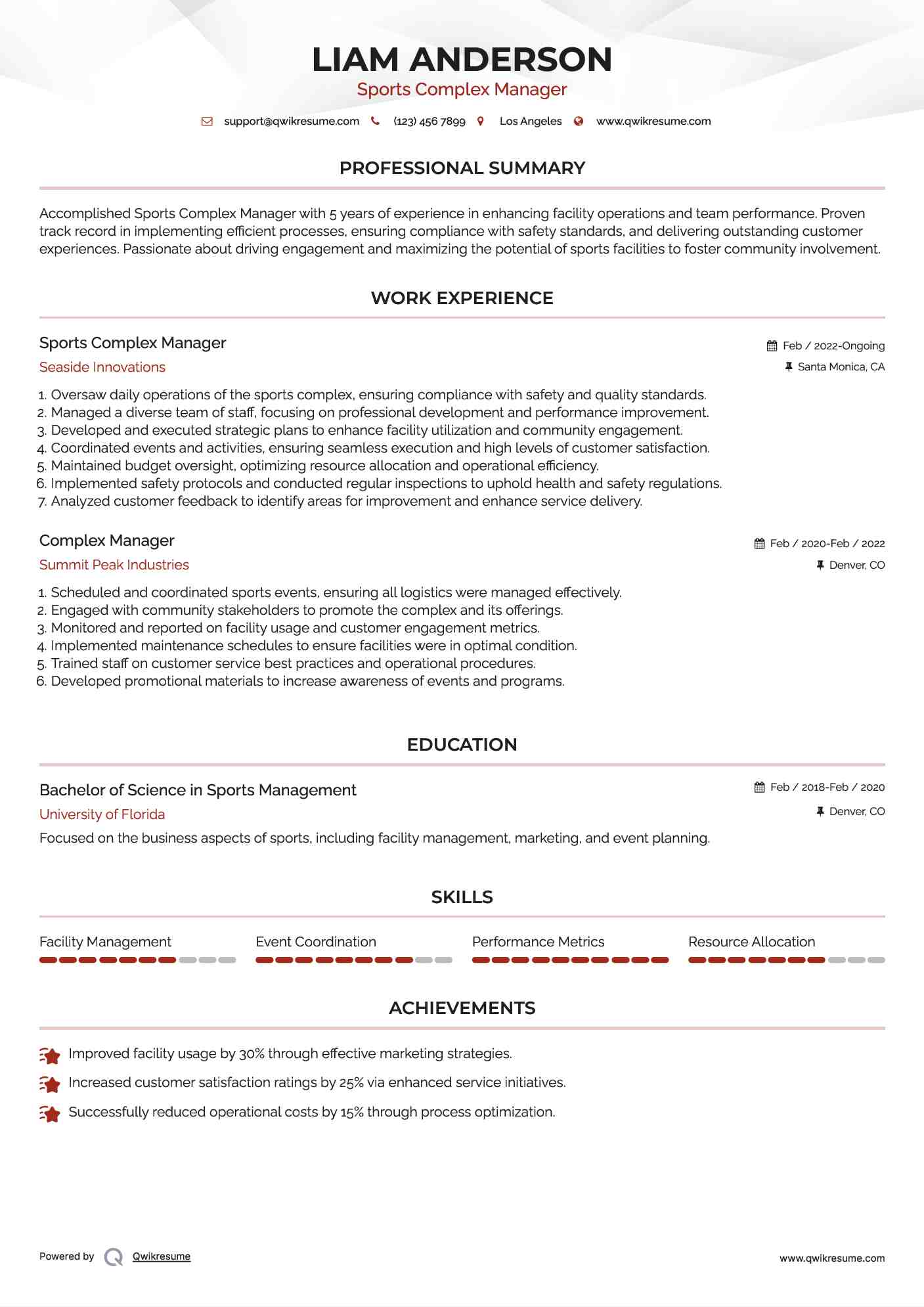 Sports Complex Manager Resume Format