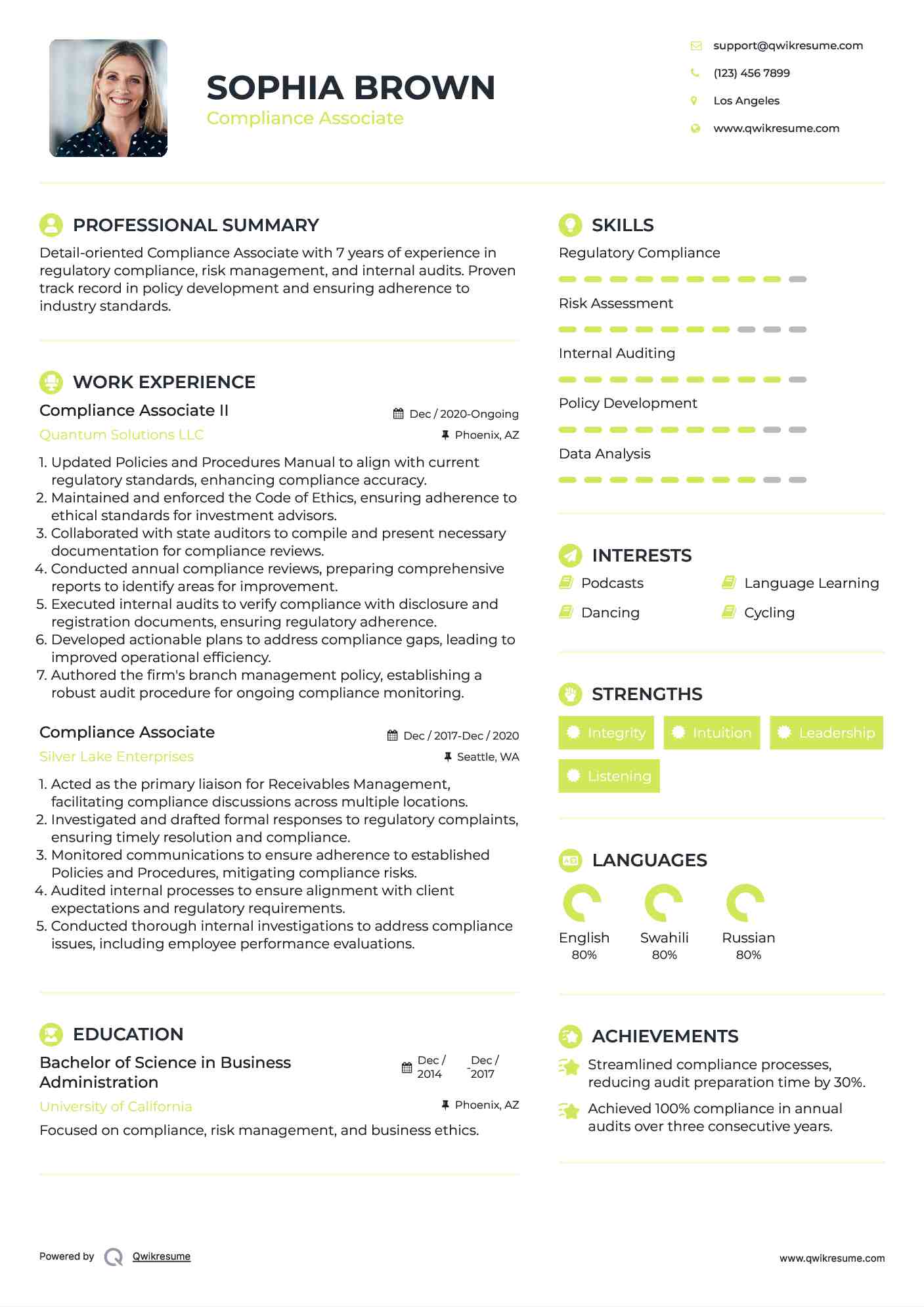 Compliance Associate II Resume Template