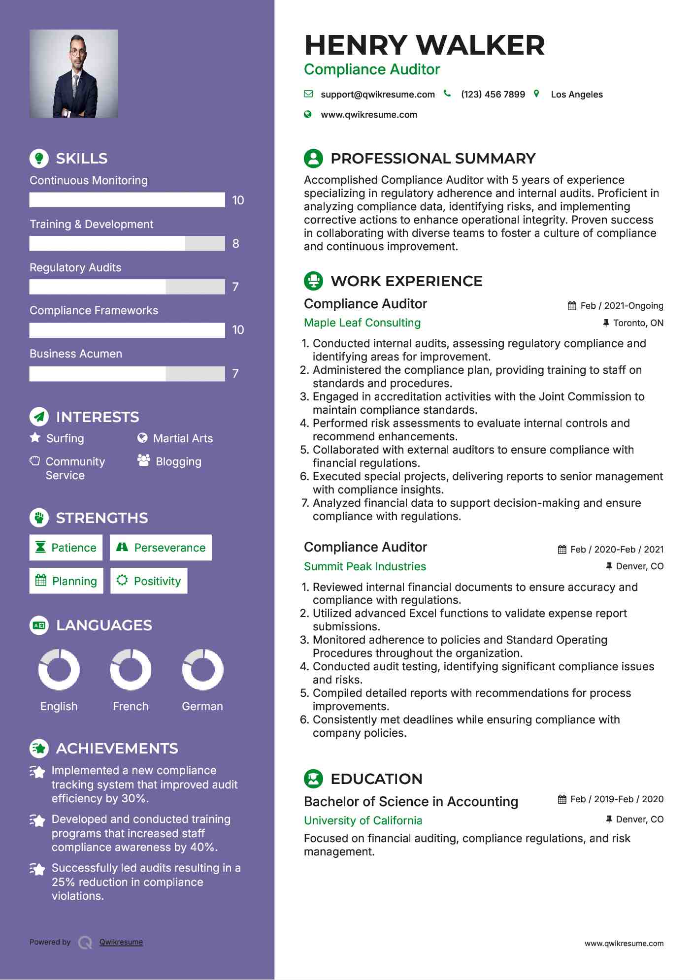 Compliance Auditor Resume Sample