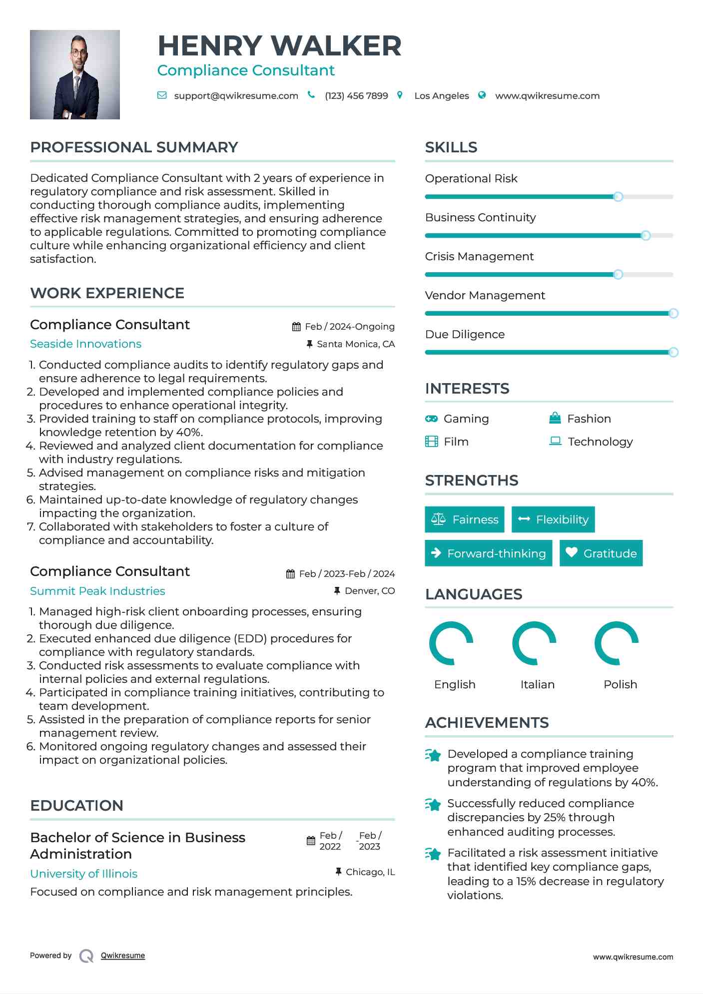 Compliance Consultant Resume Model