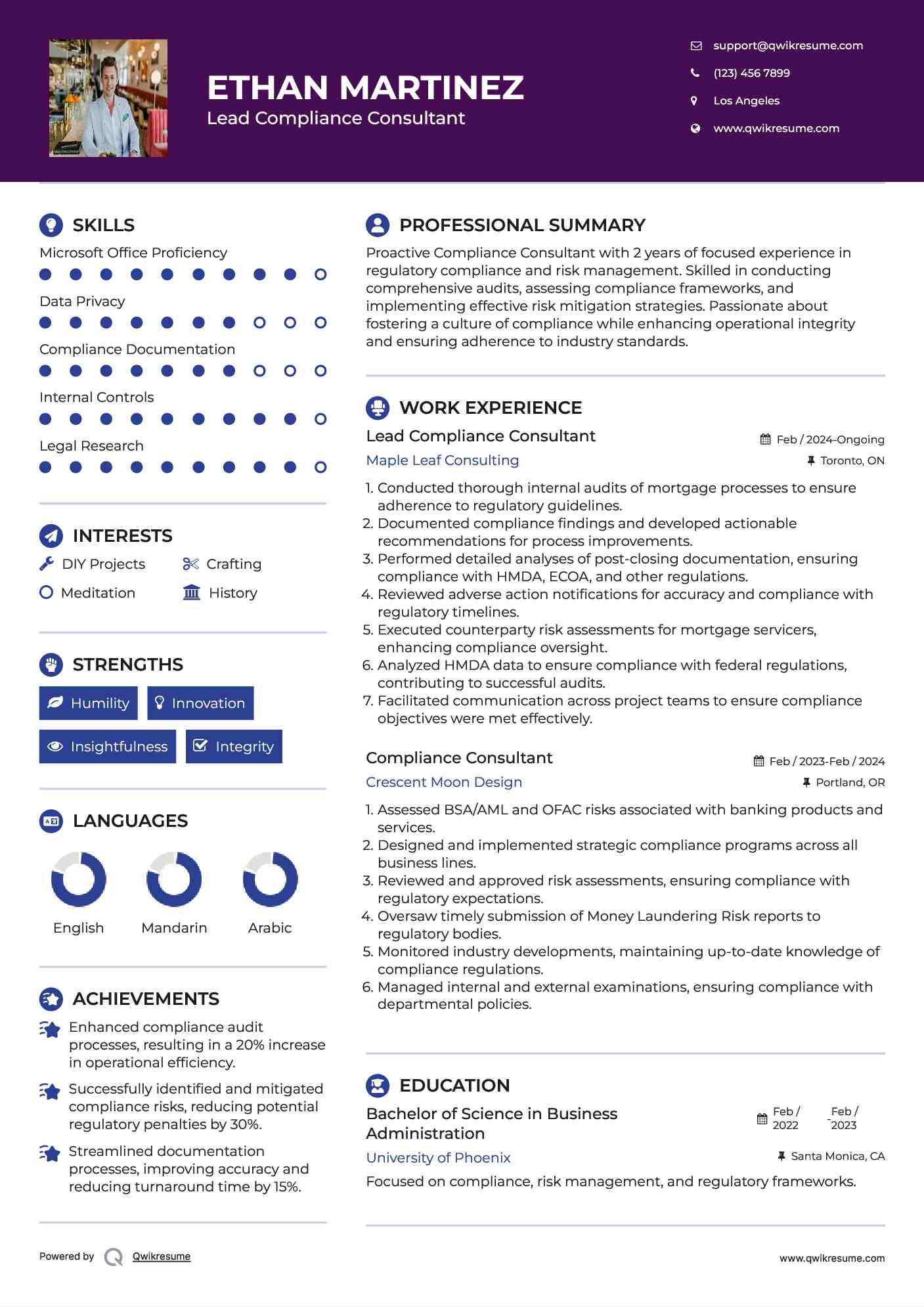 Compliance Consultant Resume Samples | QwikResume