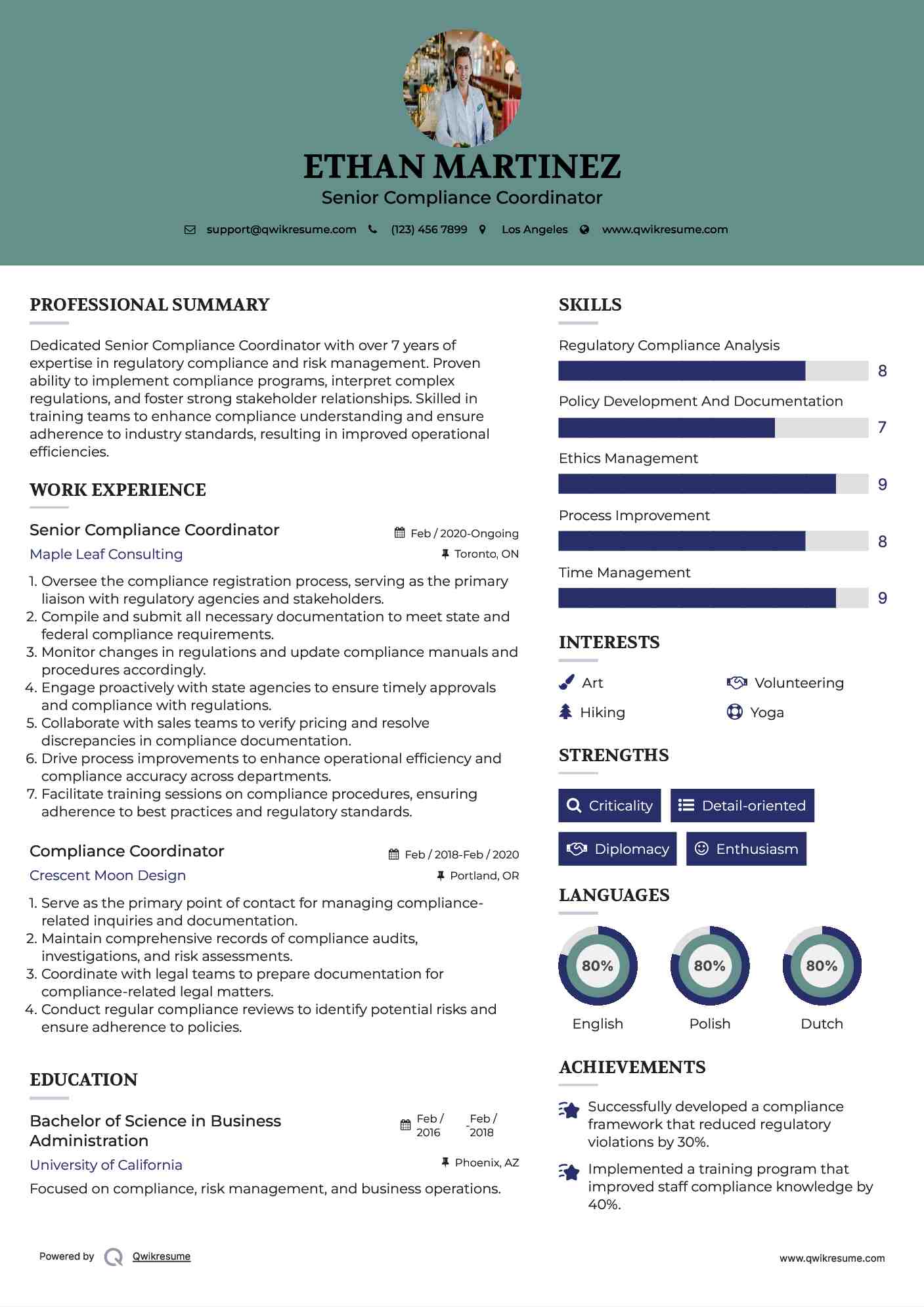 Senior Compliance Coordinator Resume Model