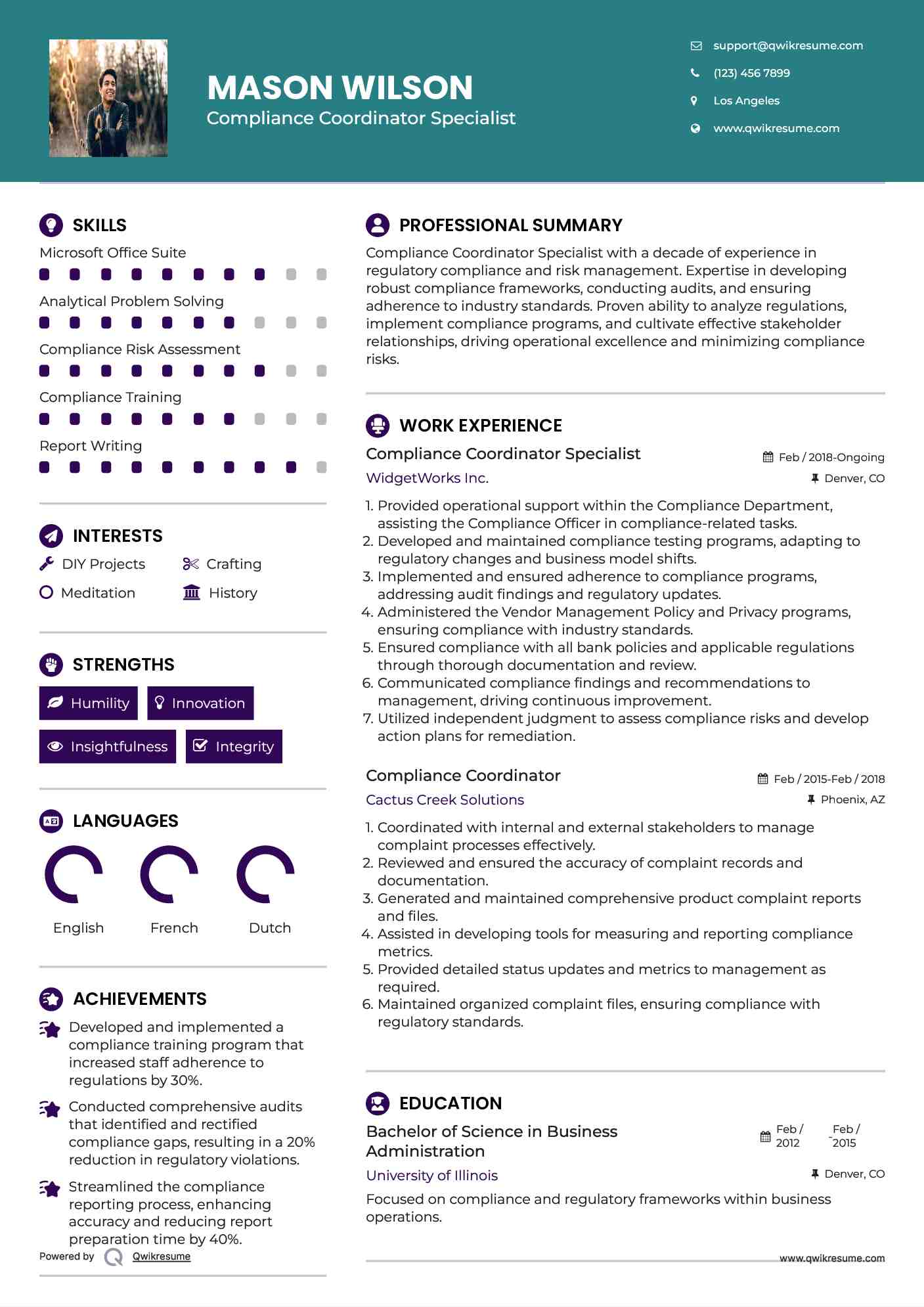 Compliance Coordinator Specialist Resume Template