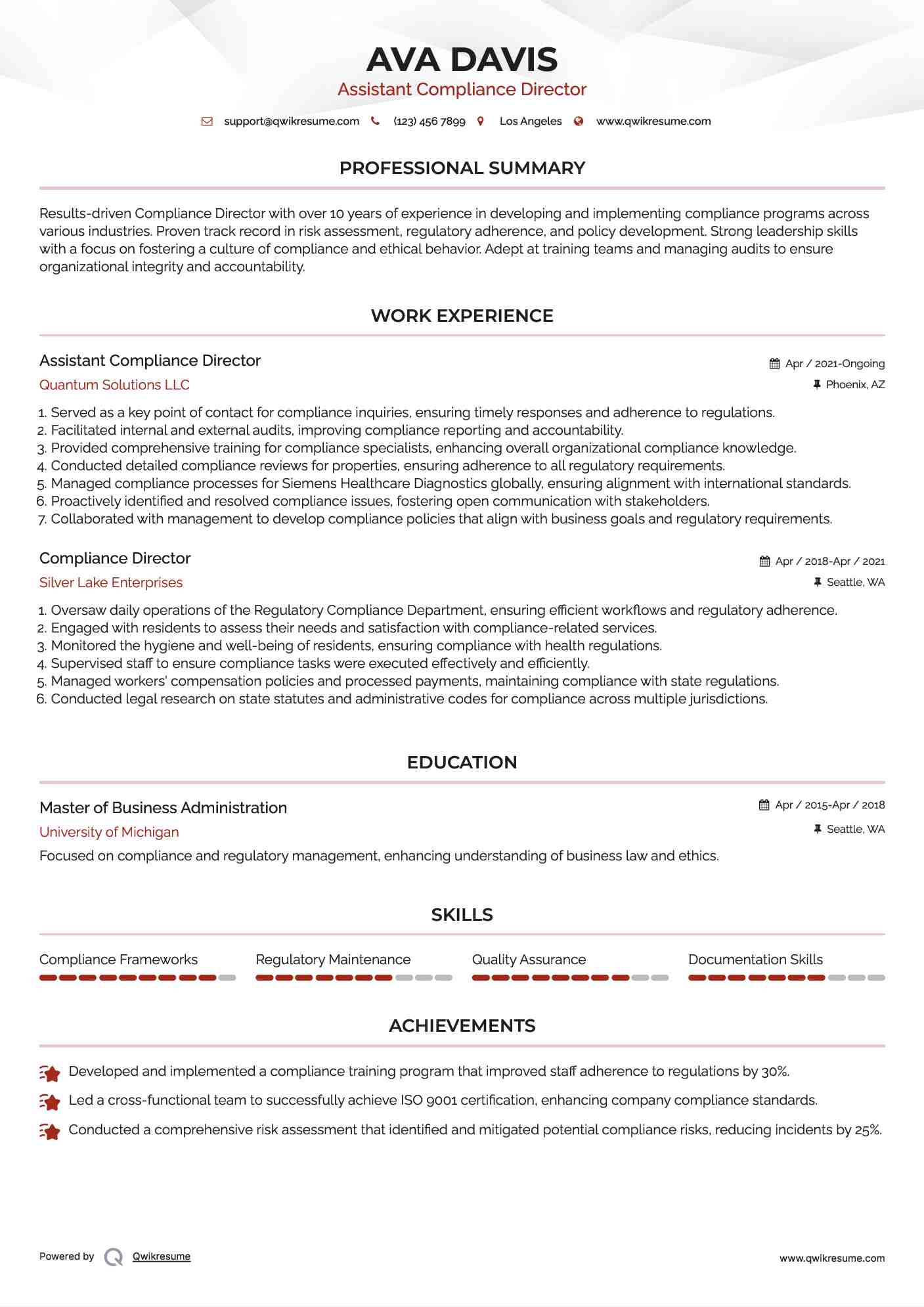 Assistant Compliance Director Resume Model