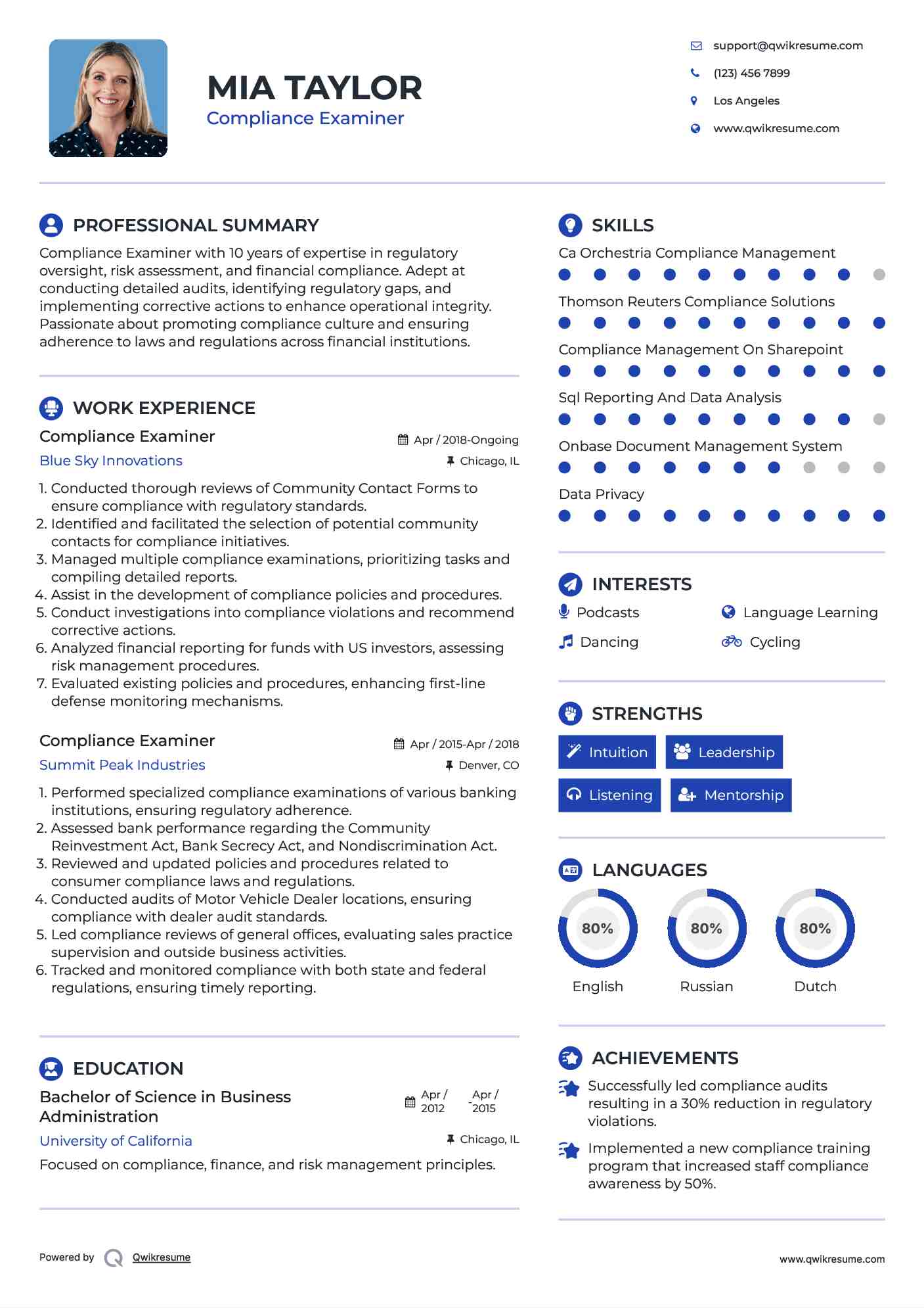 Compliance Examiner Resume Model