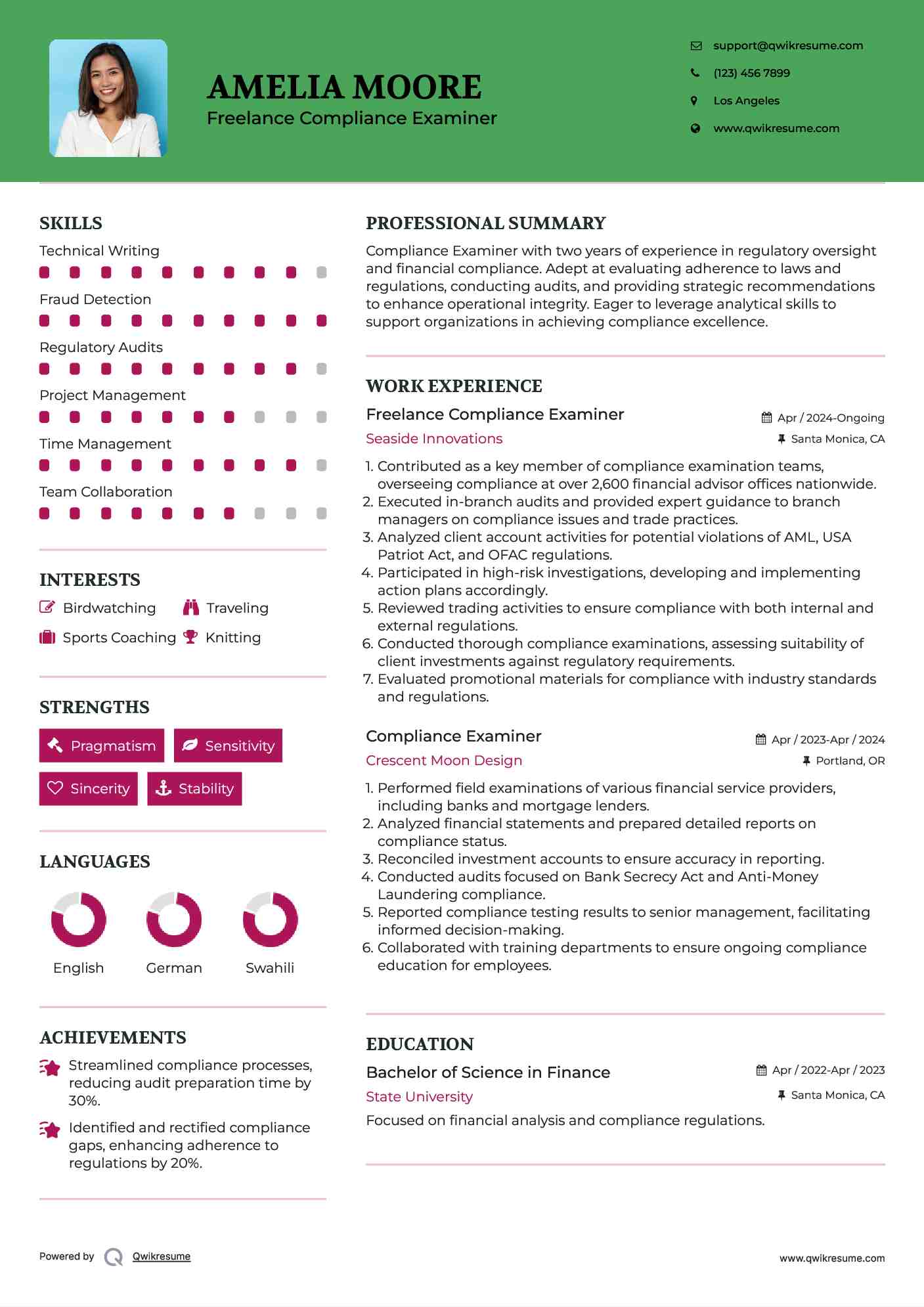 Freelance Compliance Examiner Resume Example