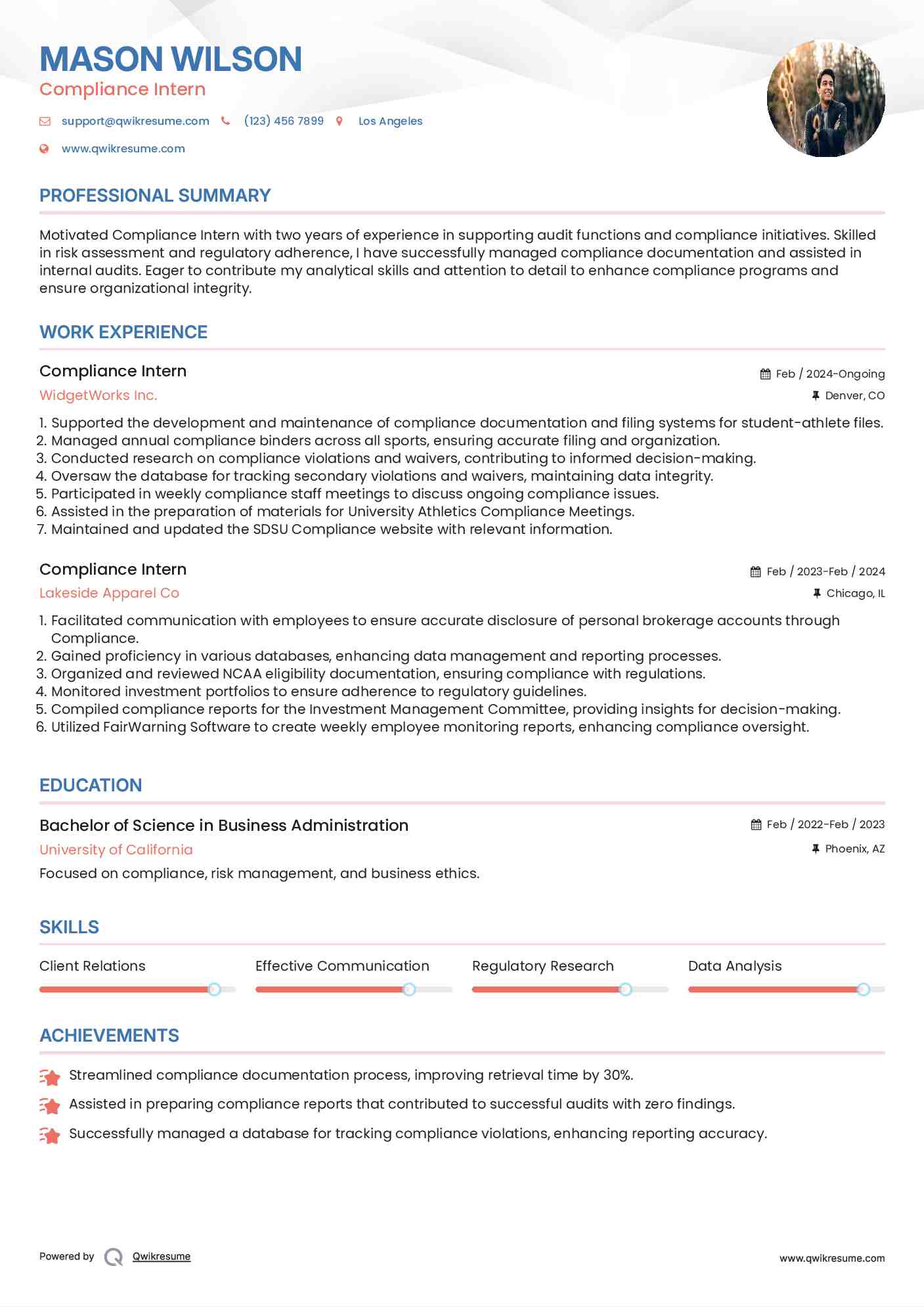Compliance Intern Resume Template