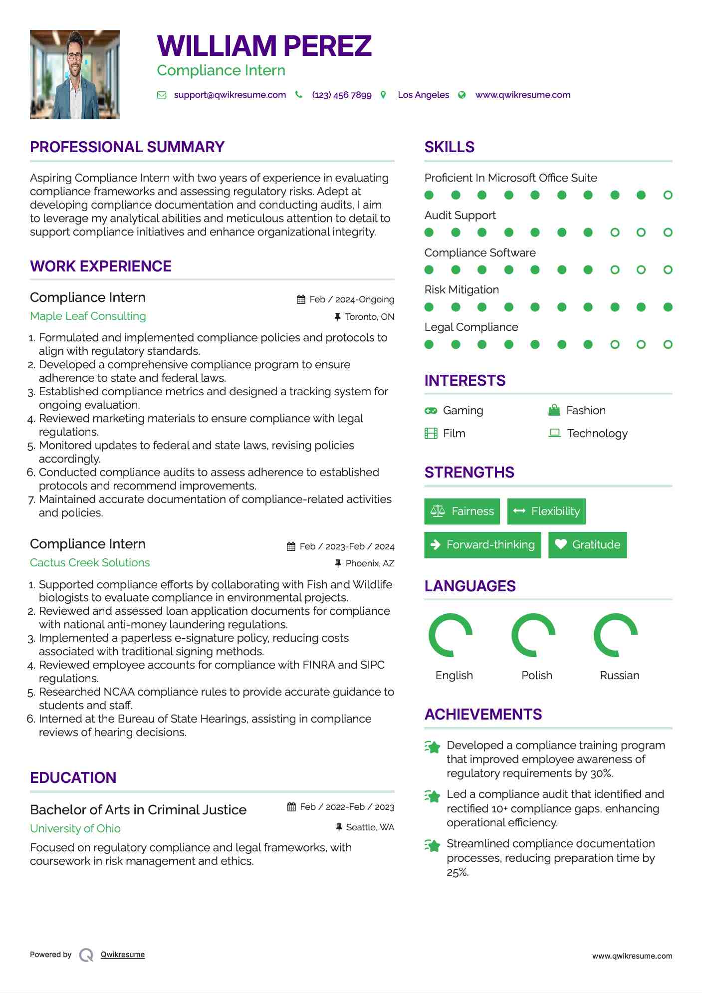 Compliance Intern Resume Example