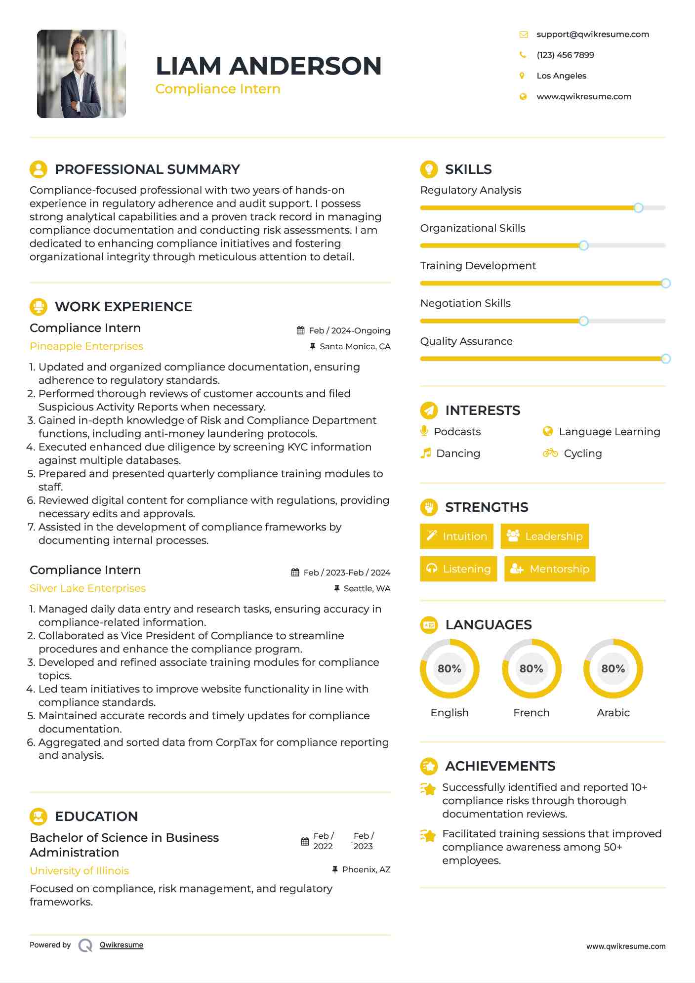 Compliance Intern Resume Sample