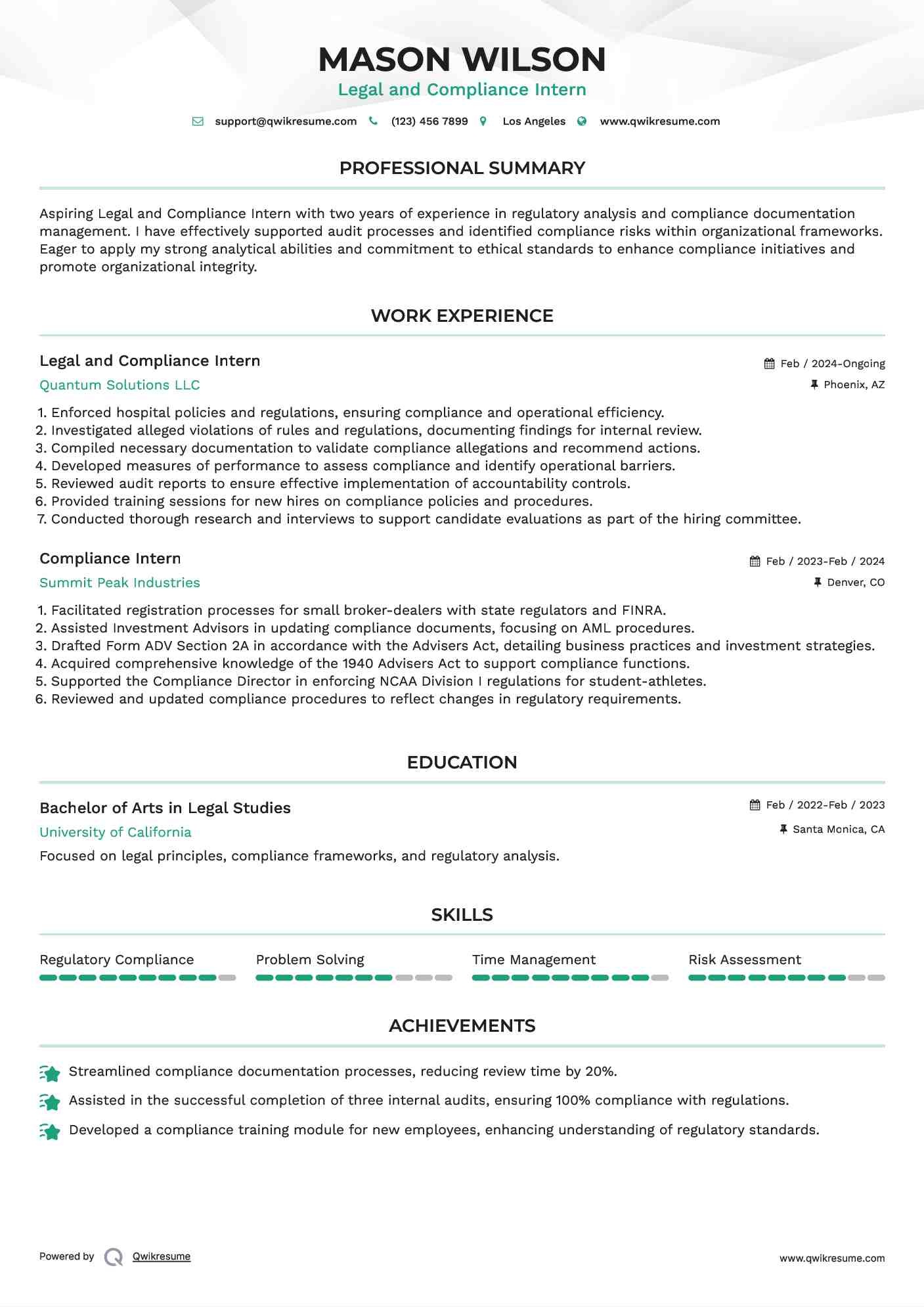 Legal and Compliance Intern
 Resume Format