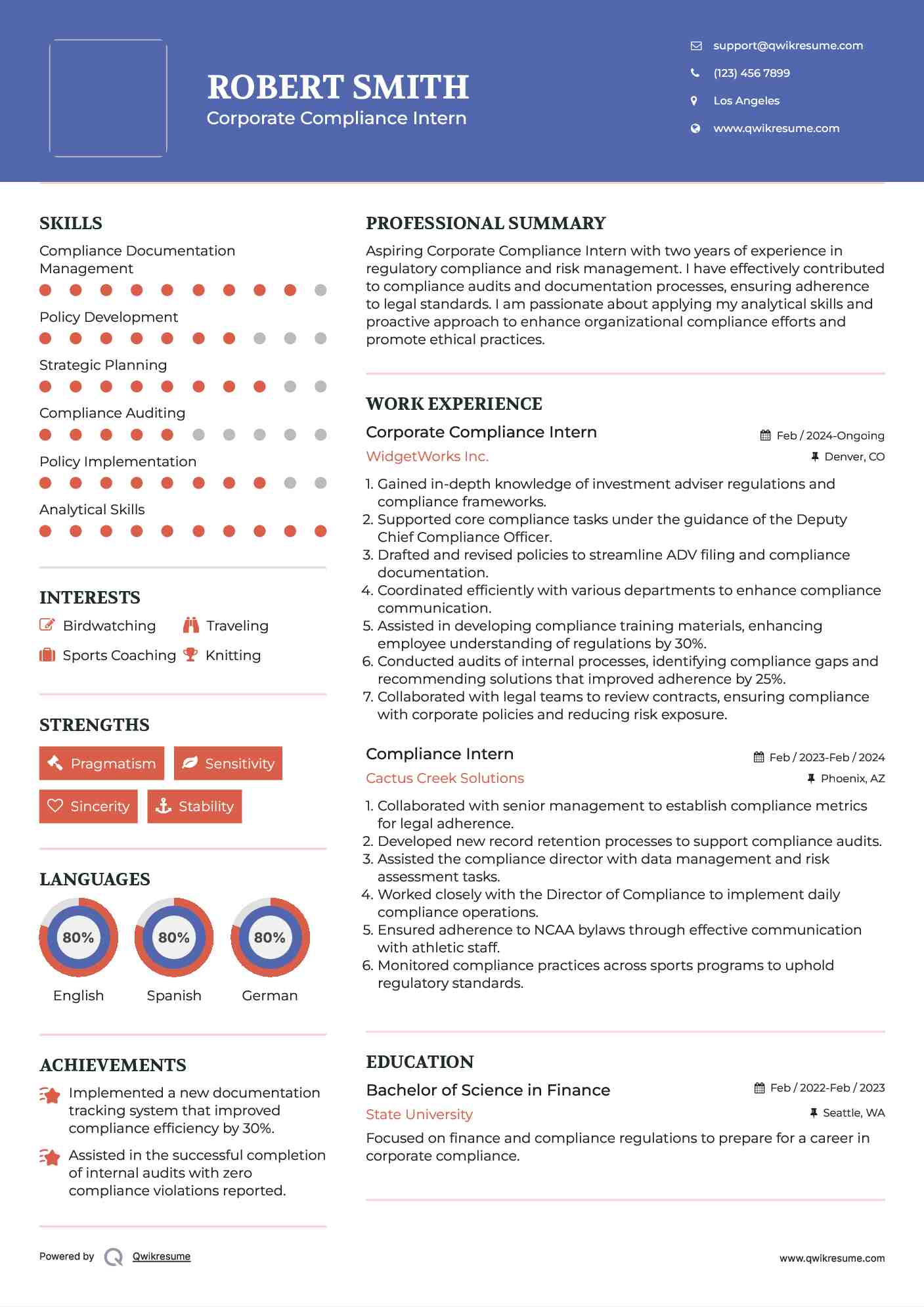 Corporate Compliance Intern
 Resume Template