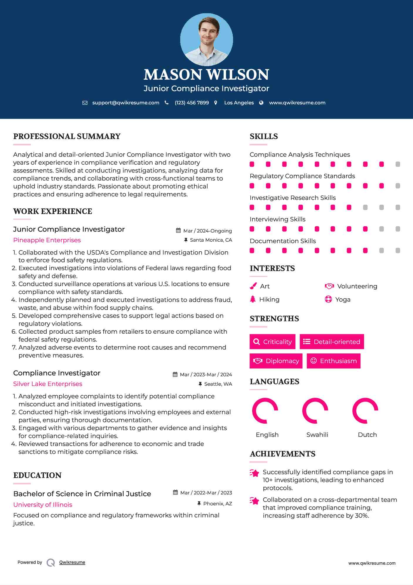 Junior Compliance Investigator Resume Sample