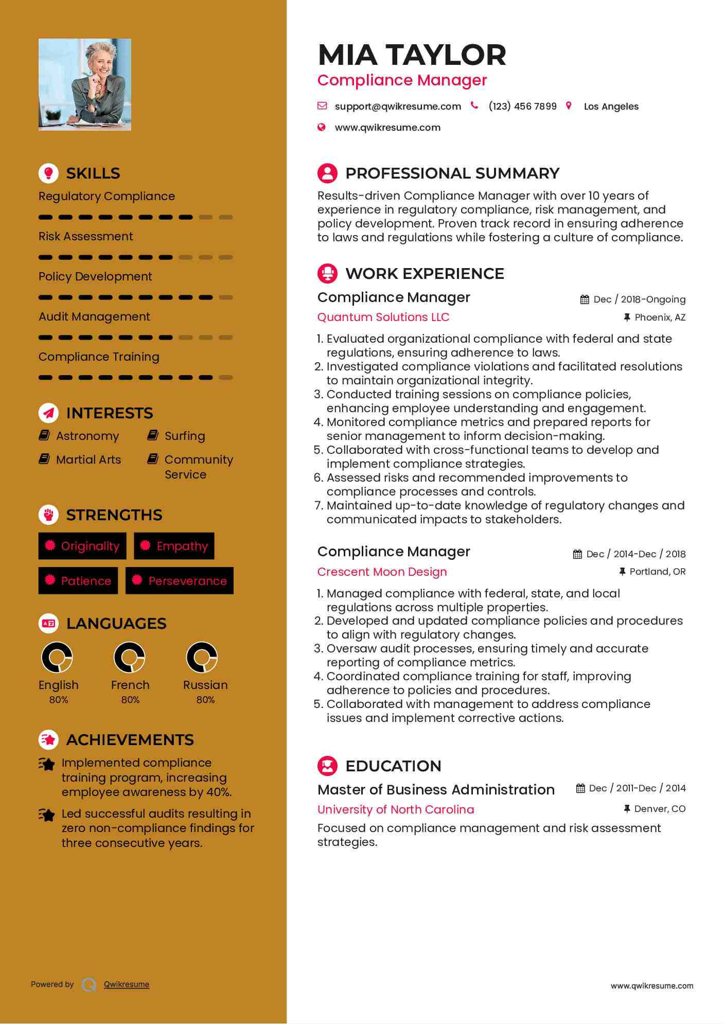 Compliance Manager Resume Sample