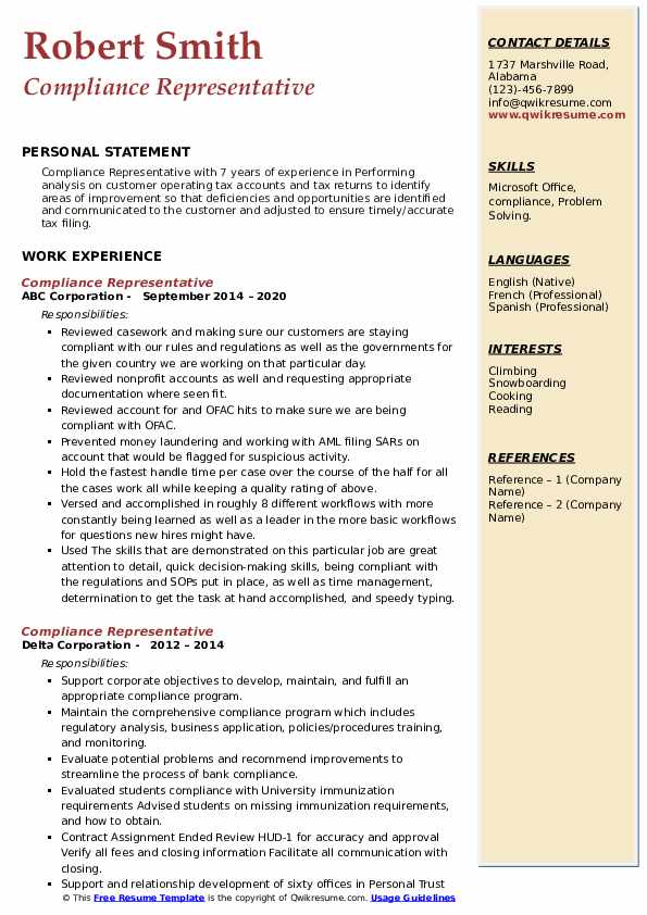 Compliance Representative Resume Samples QwikResume